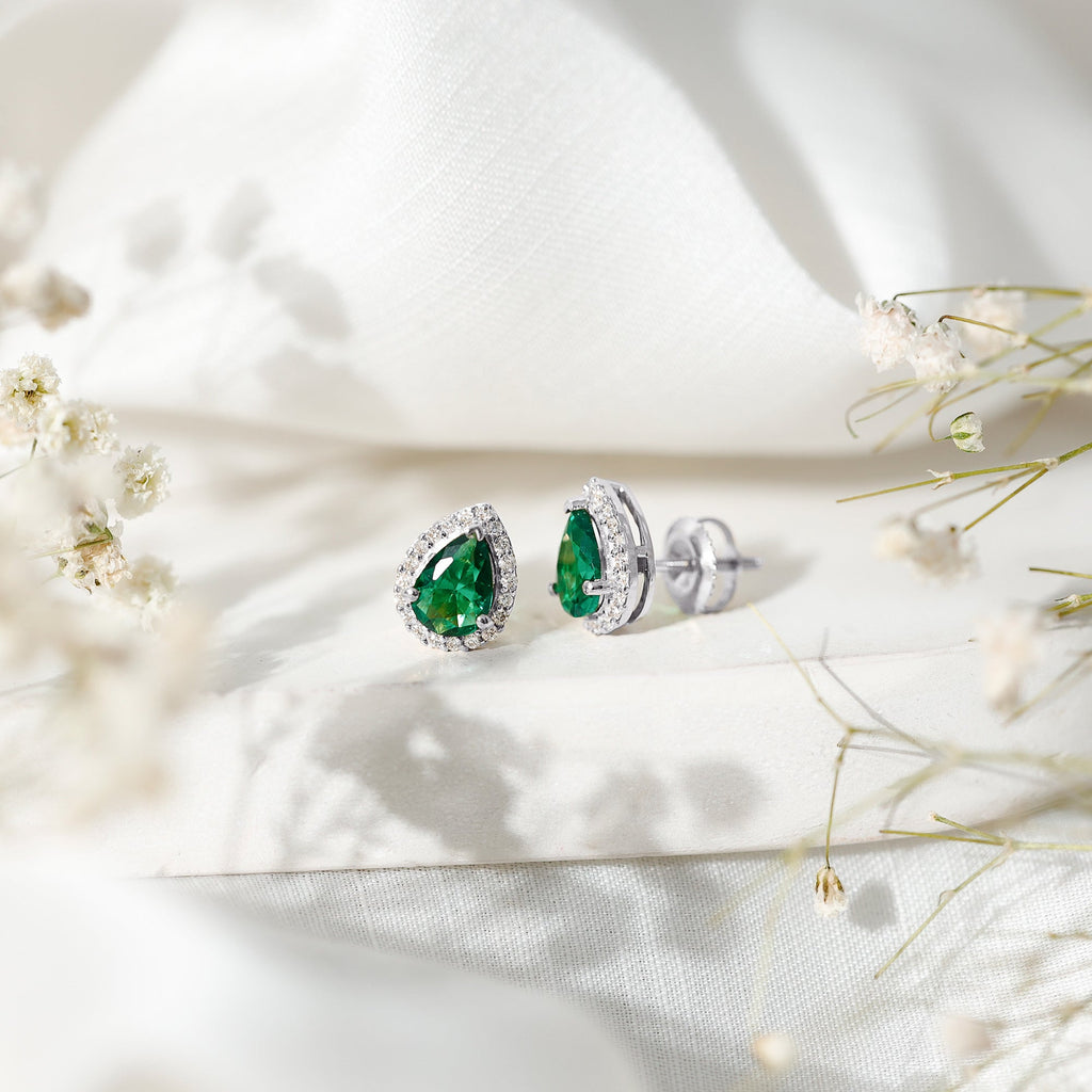 Lab Created Emerald Earrings – Teardrop Stud with Diamond Halo Design