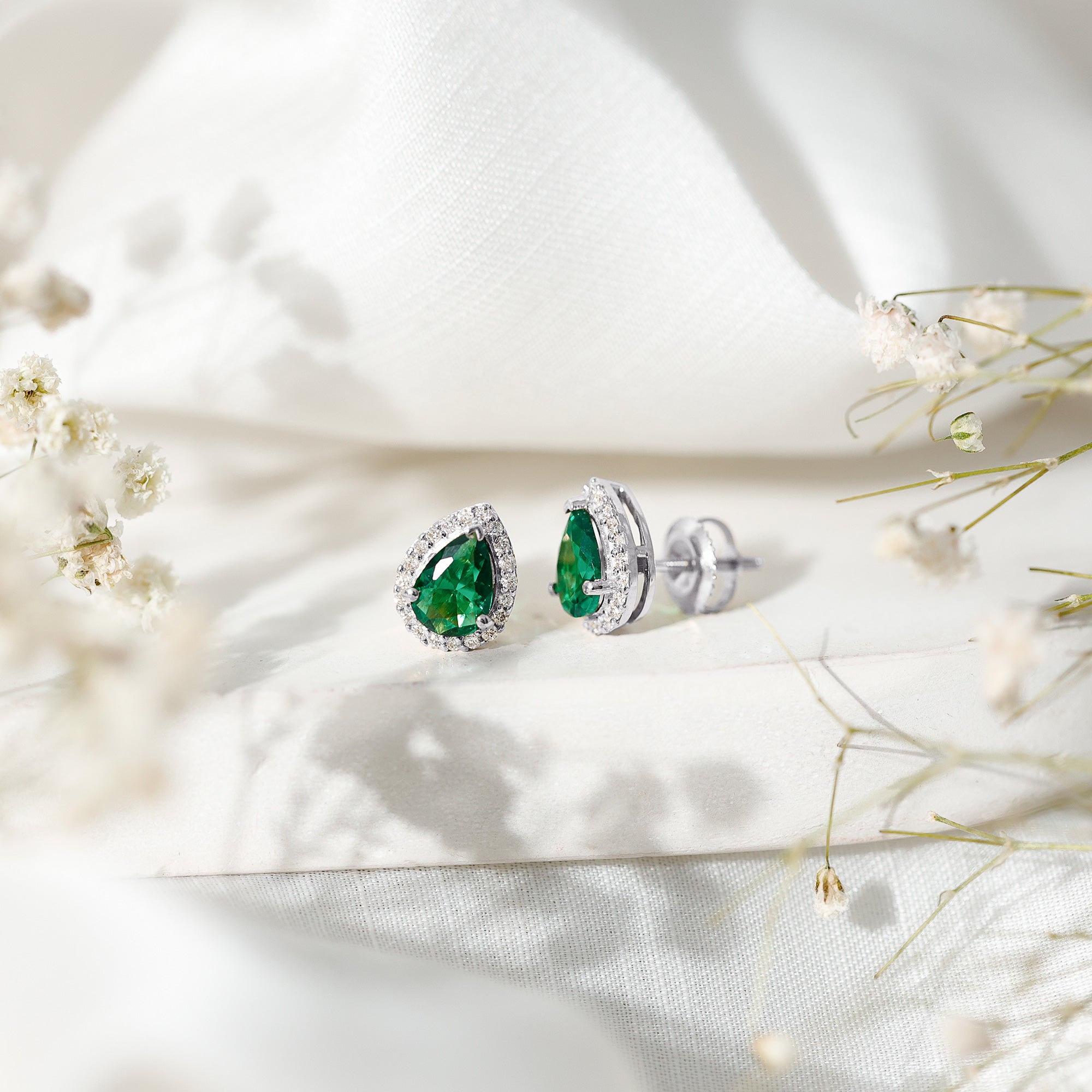 Lab Created Emerald Earrings – Teardrop Stud with Diamond Halo Design