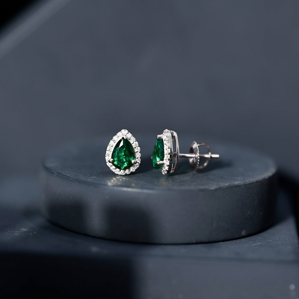 Lab Created Emerald Earrings – Teardrop Stud with Diamond Halo Design