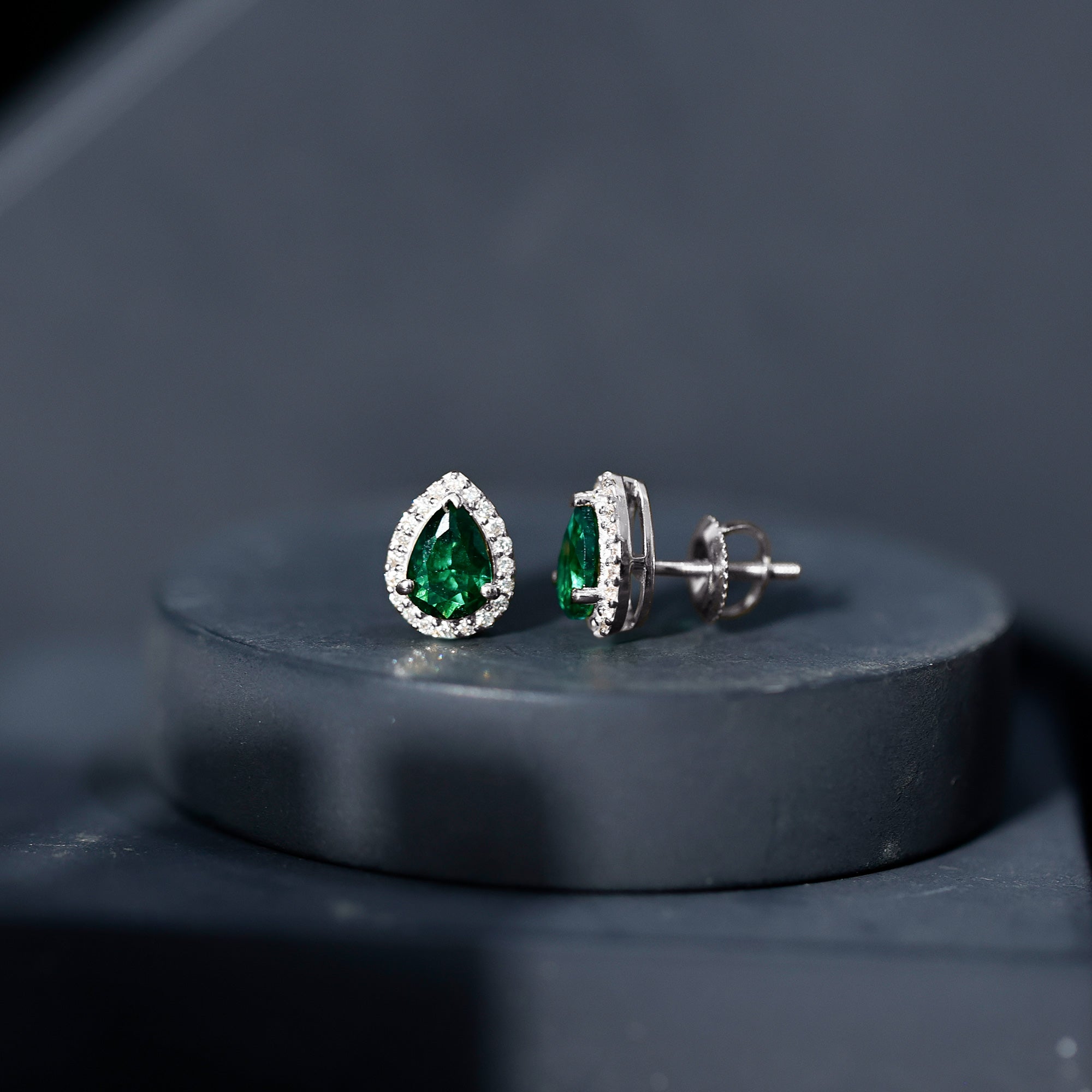 Lab Created Emerald Earrings – Teardrop Stud with Diamond Halo Design