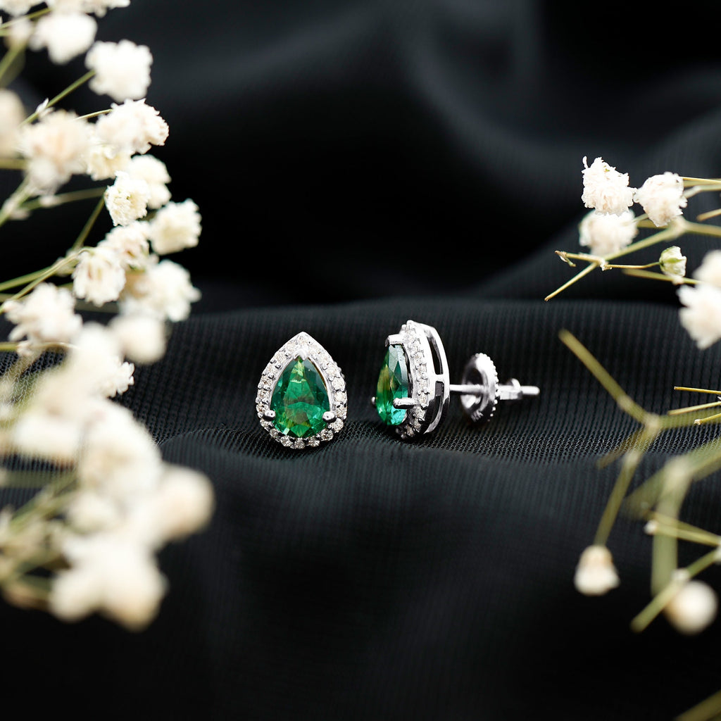 Lab Created Emerald Earrings – Teardrop Stud with Diamond Halo Design