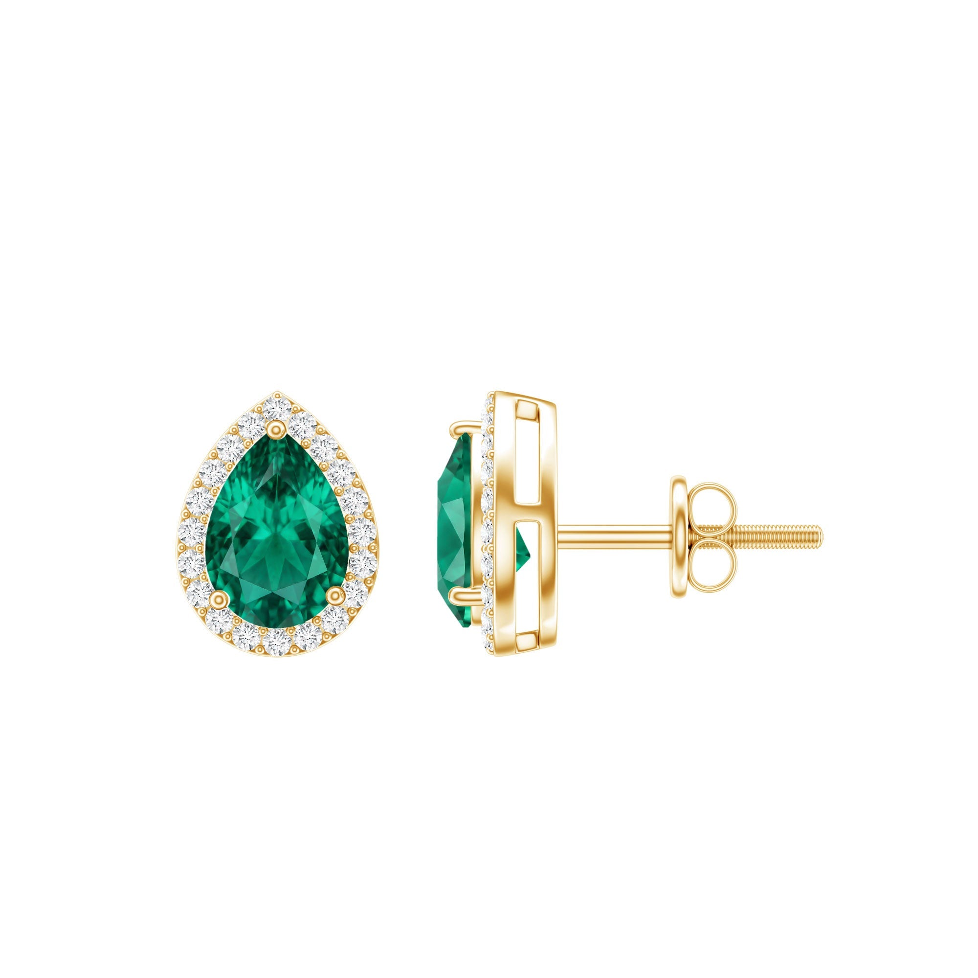Lab Created Emerald Earrings – Teardrop Stud with Diamond Halo Design