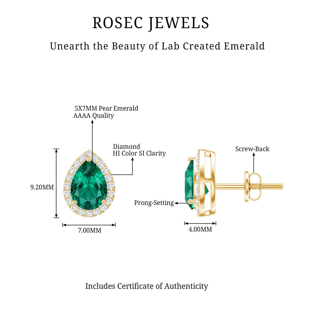 Lab Created Emerald Earrings – Teardrop Stud with Diamond Halo Design