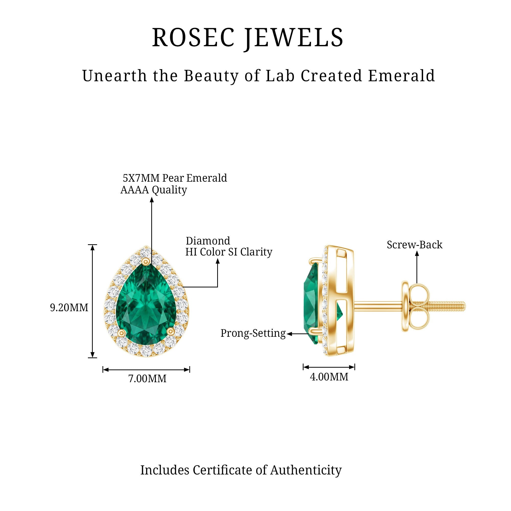 Lab Created Emerald Earrings – Teardrop Stud with Diamond Halo Design