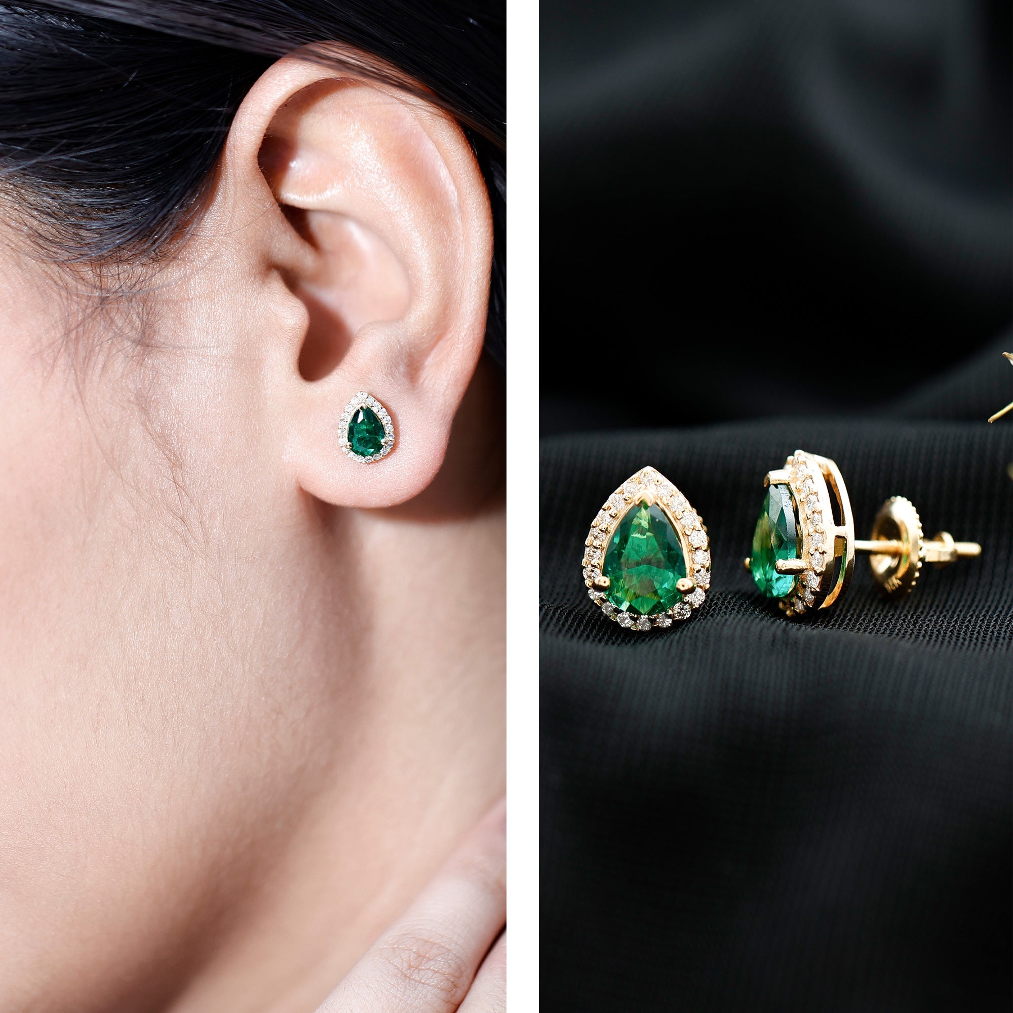 Lab Created Emerald Earrings – Teardrop Stud with Diamond Halo Design