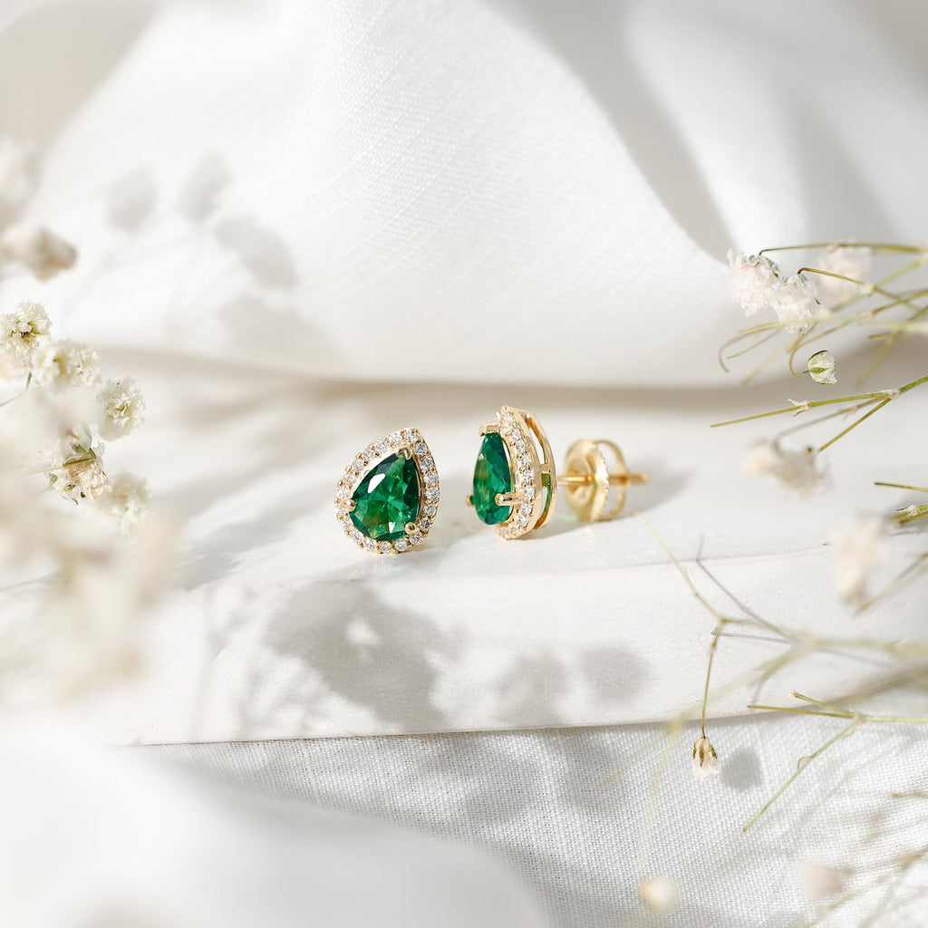 Lab Created Emerald Earrings – Teardrop Stud with Diamond Halo Design