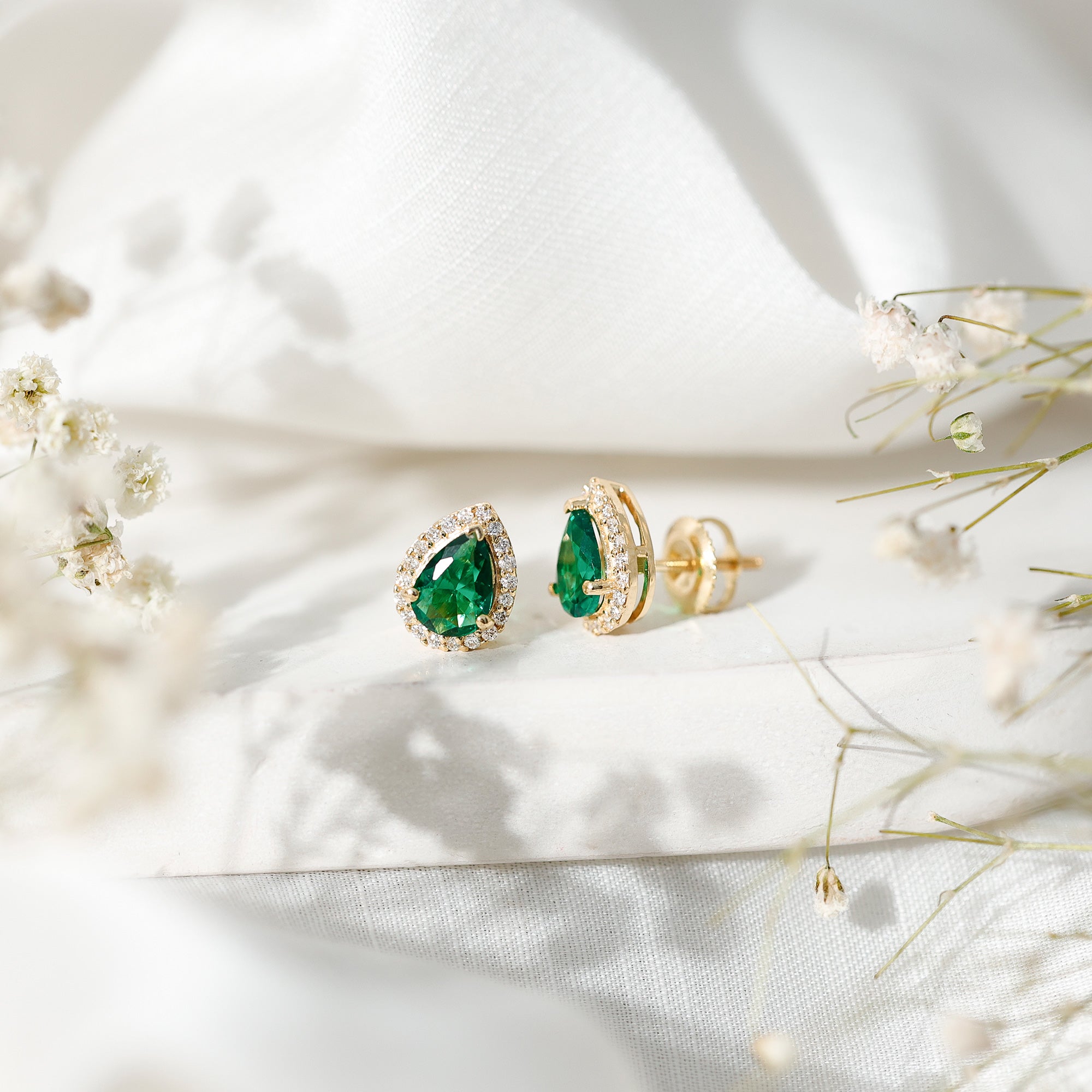 Lab Created Emerald Earrings – Teardrop Stud with Diamond Halo Design