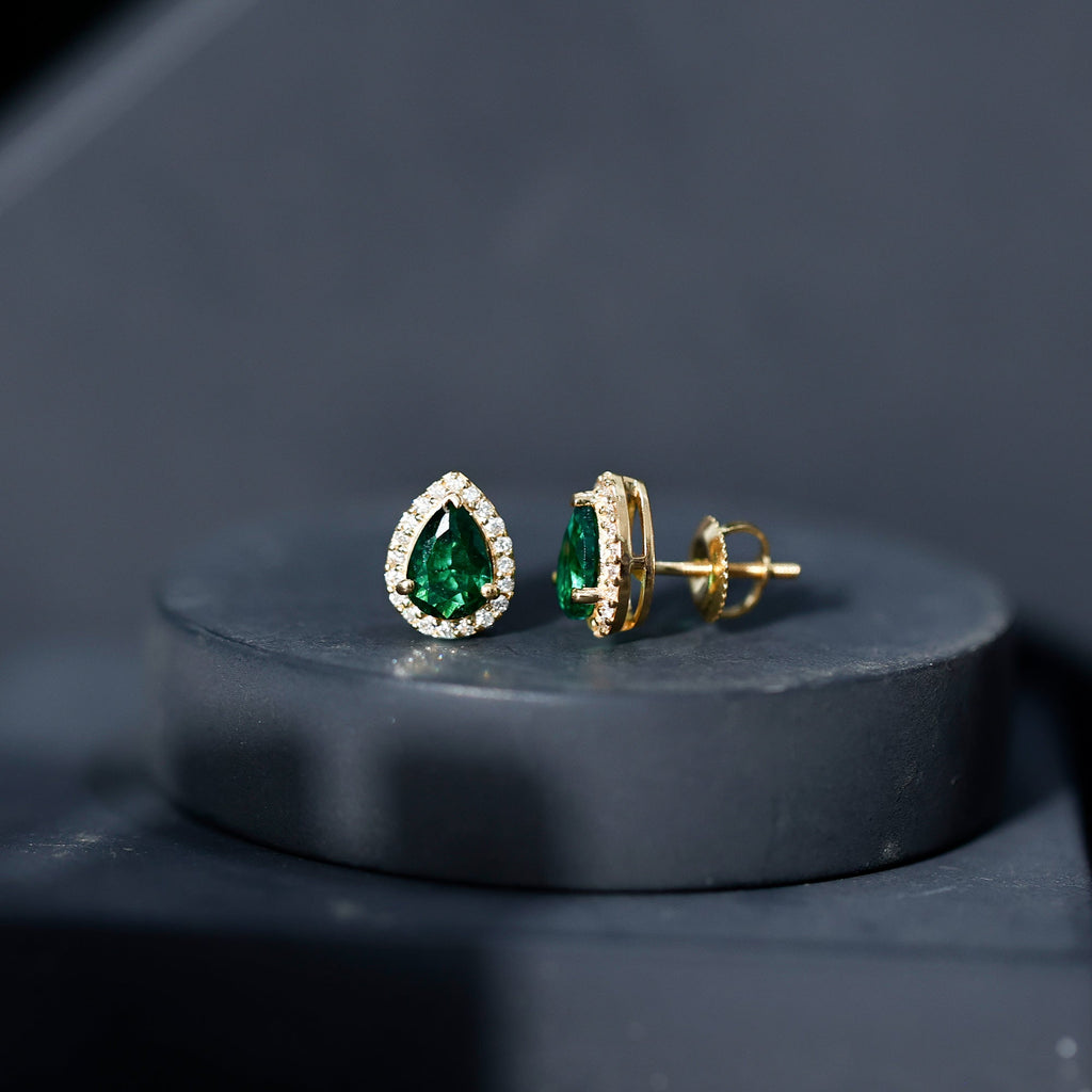 Lab Created Emerald Earrings – Teardrop Stud with Diamond Halo Design