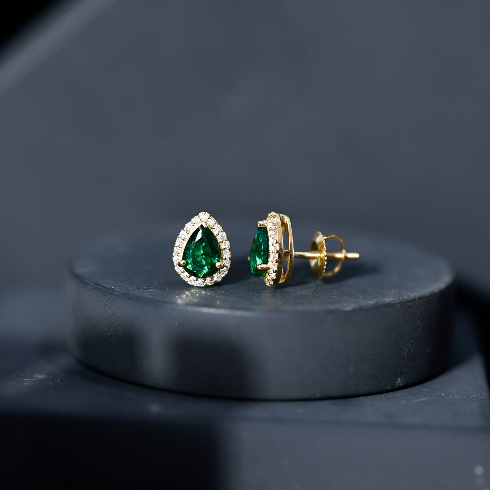Lab Created Emerald Earrings – Teardrop Stud with Diamond Halo Design