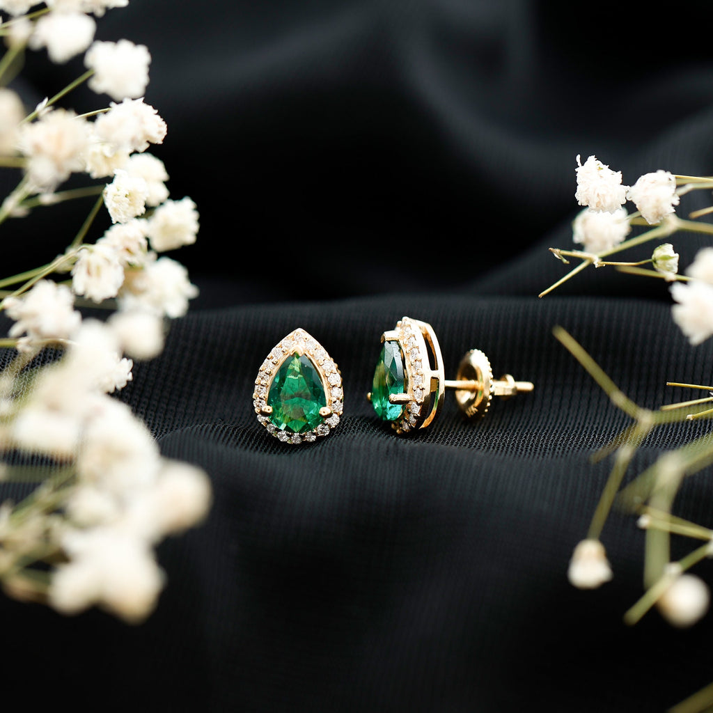 Lab Created Emerald Earrings – Teardrop Stud with Diamond Halo Design