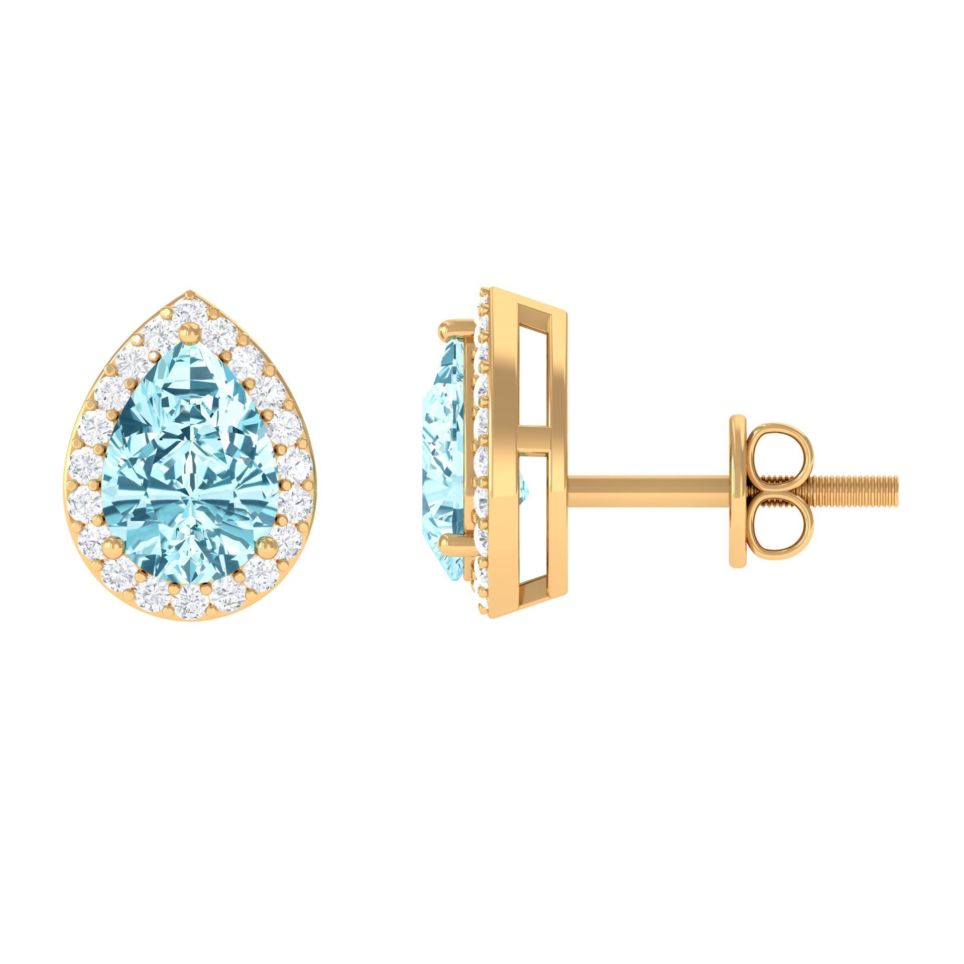 Aquamarine Stud Earrings – Pear Shape Blue Gemstone with Diamond Halo Studs