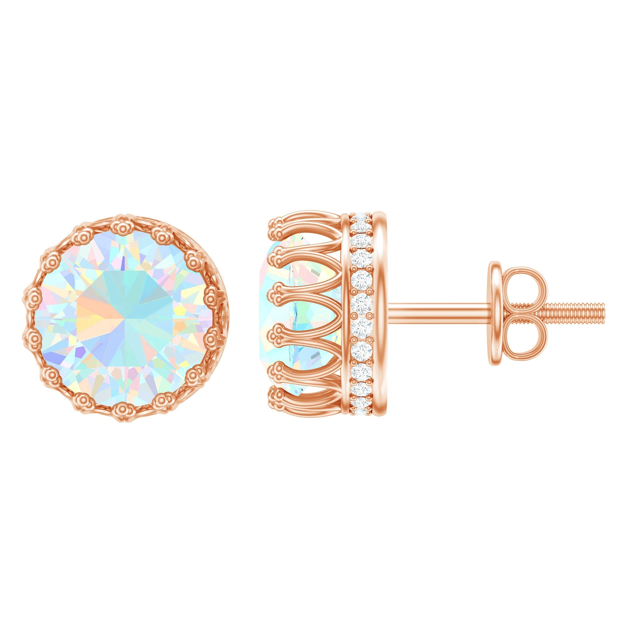Ethiopian Opal Earrings – 8MM Crown Setting Studs with Lab Grown Diamonds