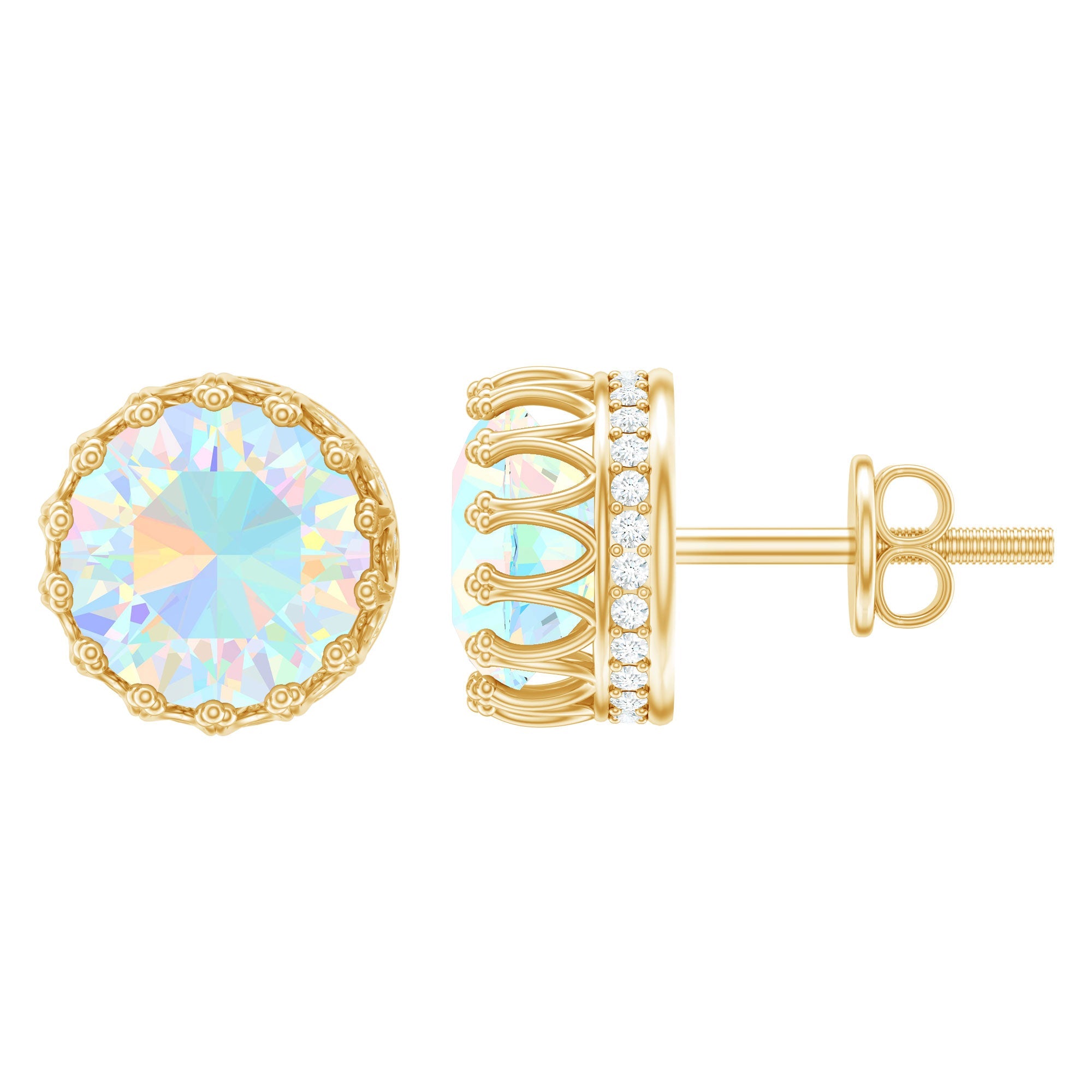 Ethiopian Opal Earrings – 8MM Crown Setting Studs with Lab Grown Diamonds