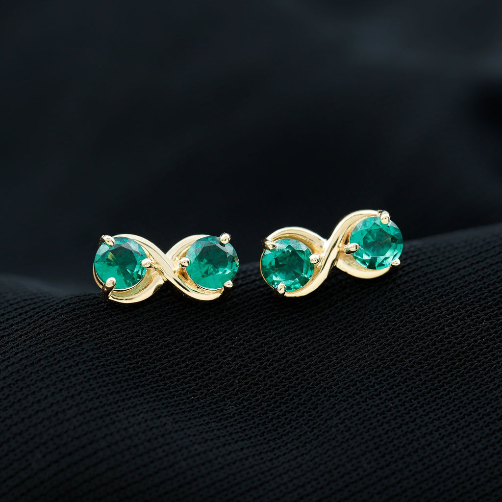 Lab Grown Emerald Earrings – Infinity Studs with Prong Setting & Screw Backs