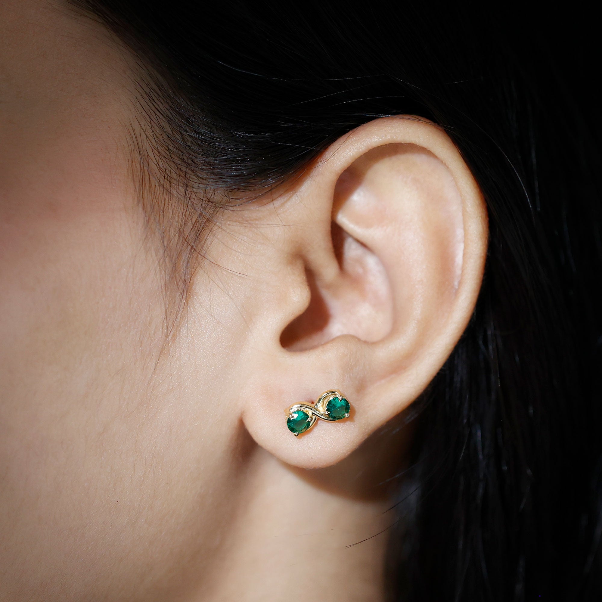 Lab Grown Emerald Earrings – Infinity Studs with Prong Setting & Screw Backs