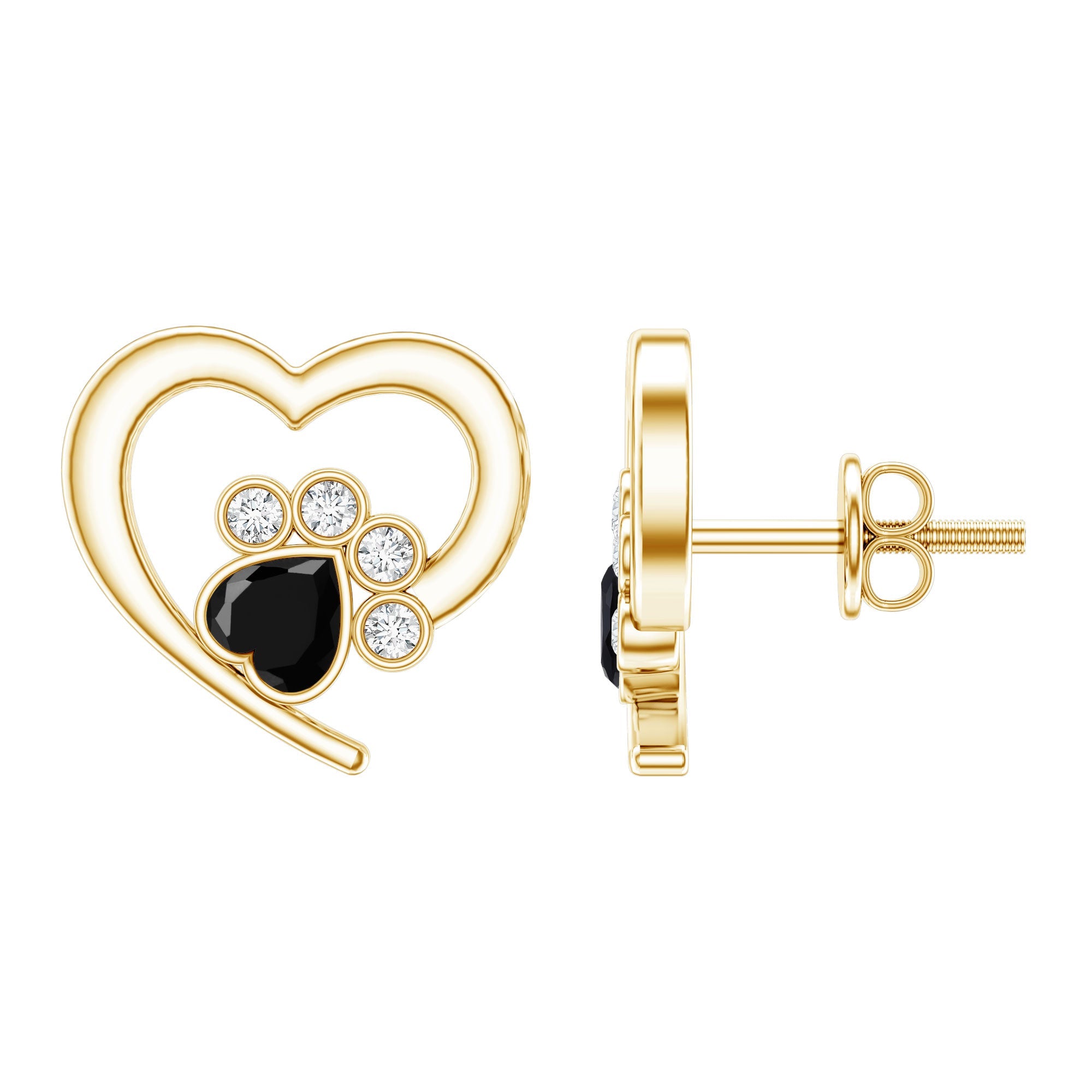 Heart Shape Black Onyx and Diamond Paw Stud Earrings
