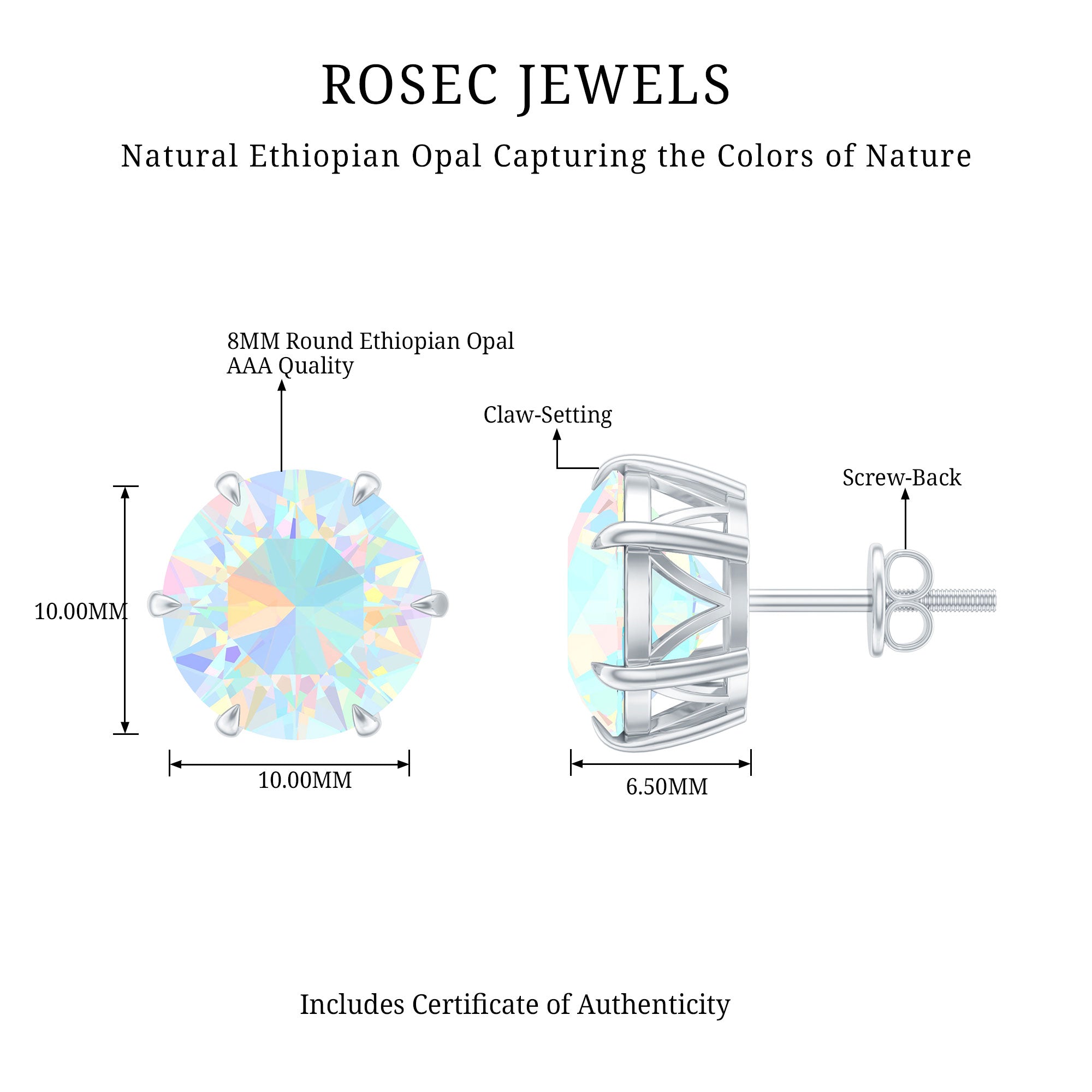Ethiopian Opal Earrings – 4 Carat Solitaire Round Studs | AAA Quality Rainbow Jewelry