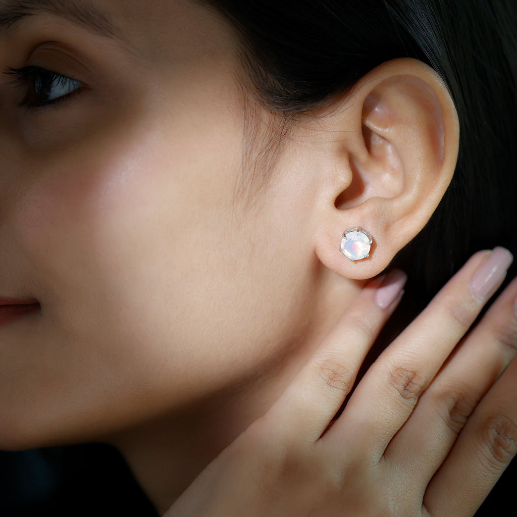 Ethiopian Opal Earrings – 4 Carat Solitaire Round Studs | AAA Quality Rainbow Jewelry