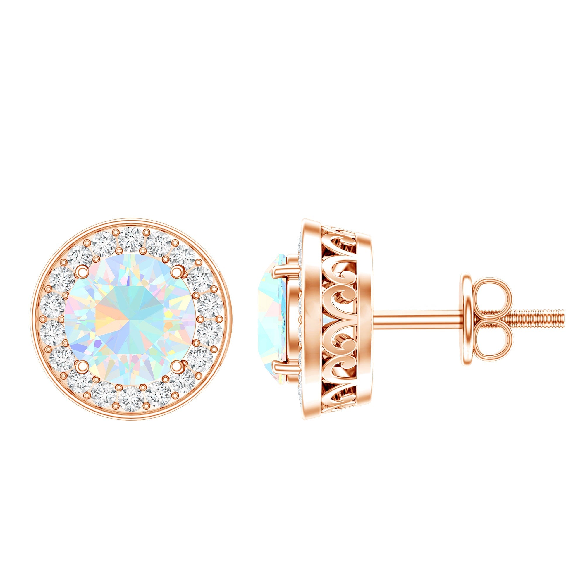 Ethiopian Opal Earrings – 6mm Round Opal Studs with Diamond Halo Design