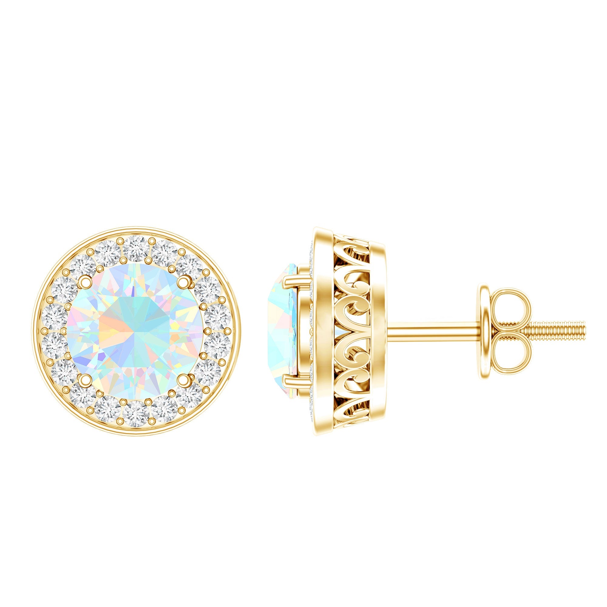 Ethiopian Opal Earrings – 6mm Round Opal Studs with Diamond Halo Design