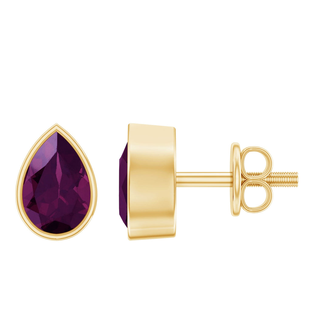 Rhodolite Garnet Earrings – 1.7 Carat Pear Shape Bezel Set Stud for Women
