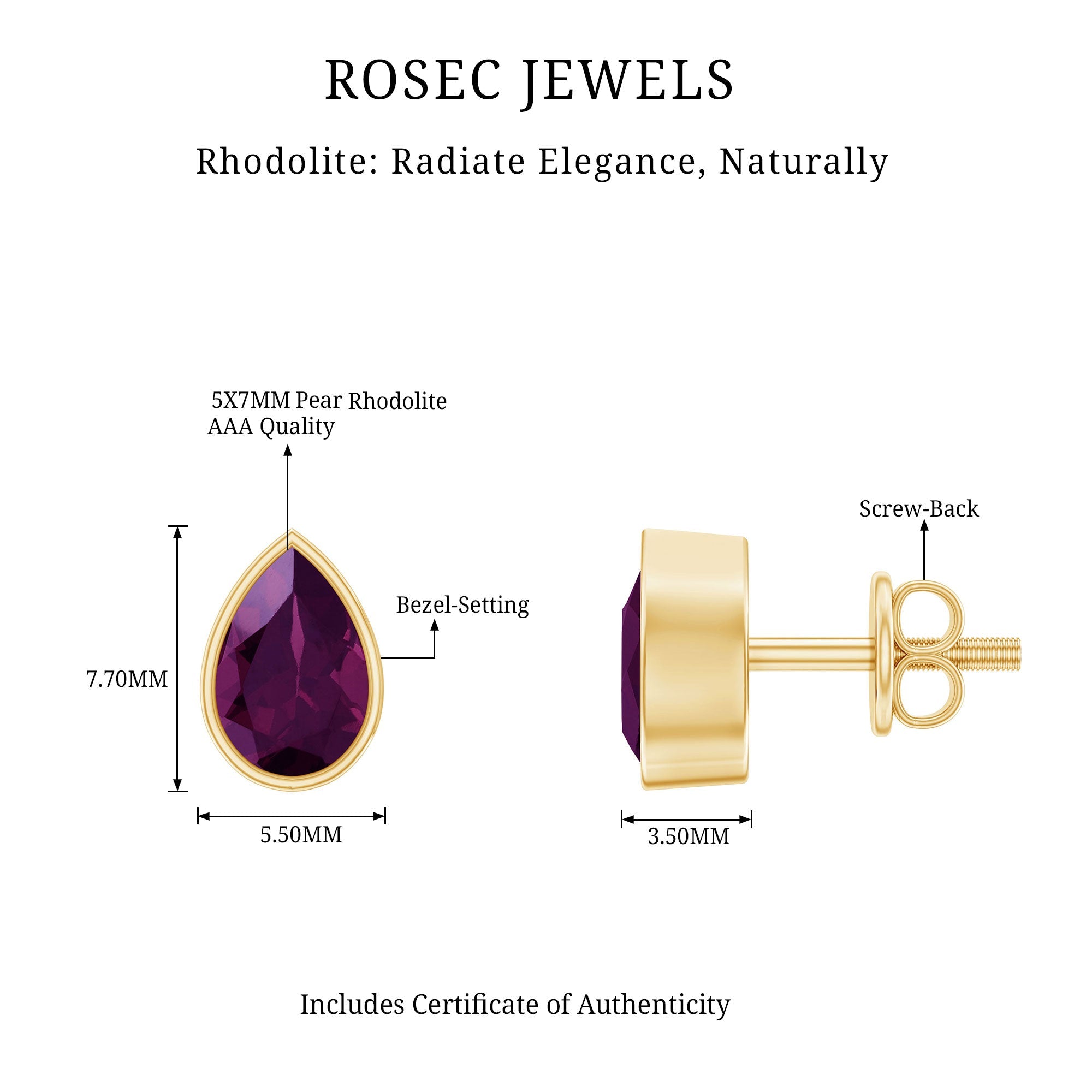 Rhodolite Garnet Earrings – 1.7 Carat Pear Shape Bezel Set Stud for Women