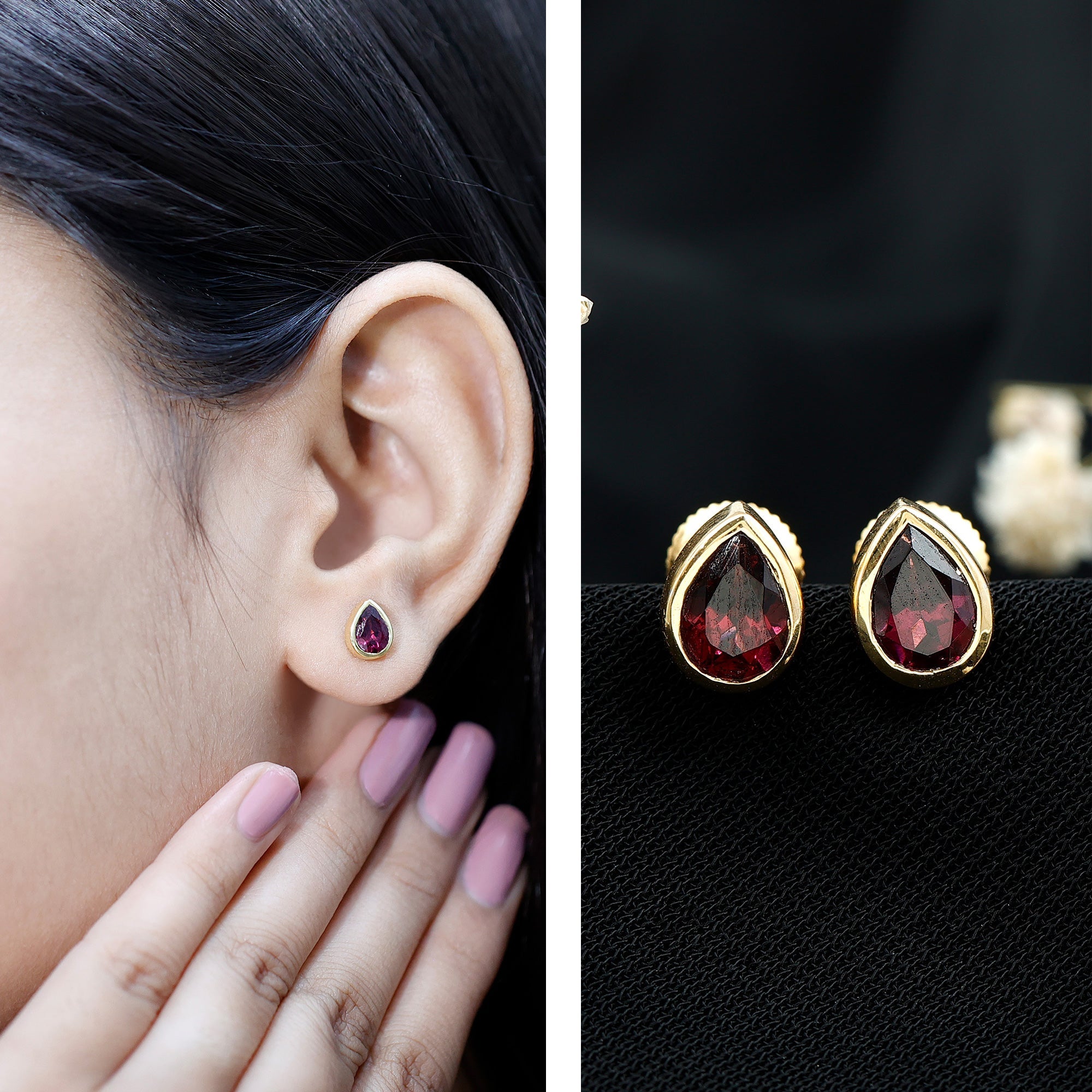 Rhodolite Garnet Earrings – 1.7 Carat Pear Shape Bezel Set Stud for Women