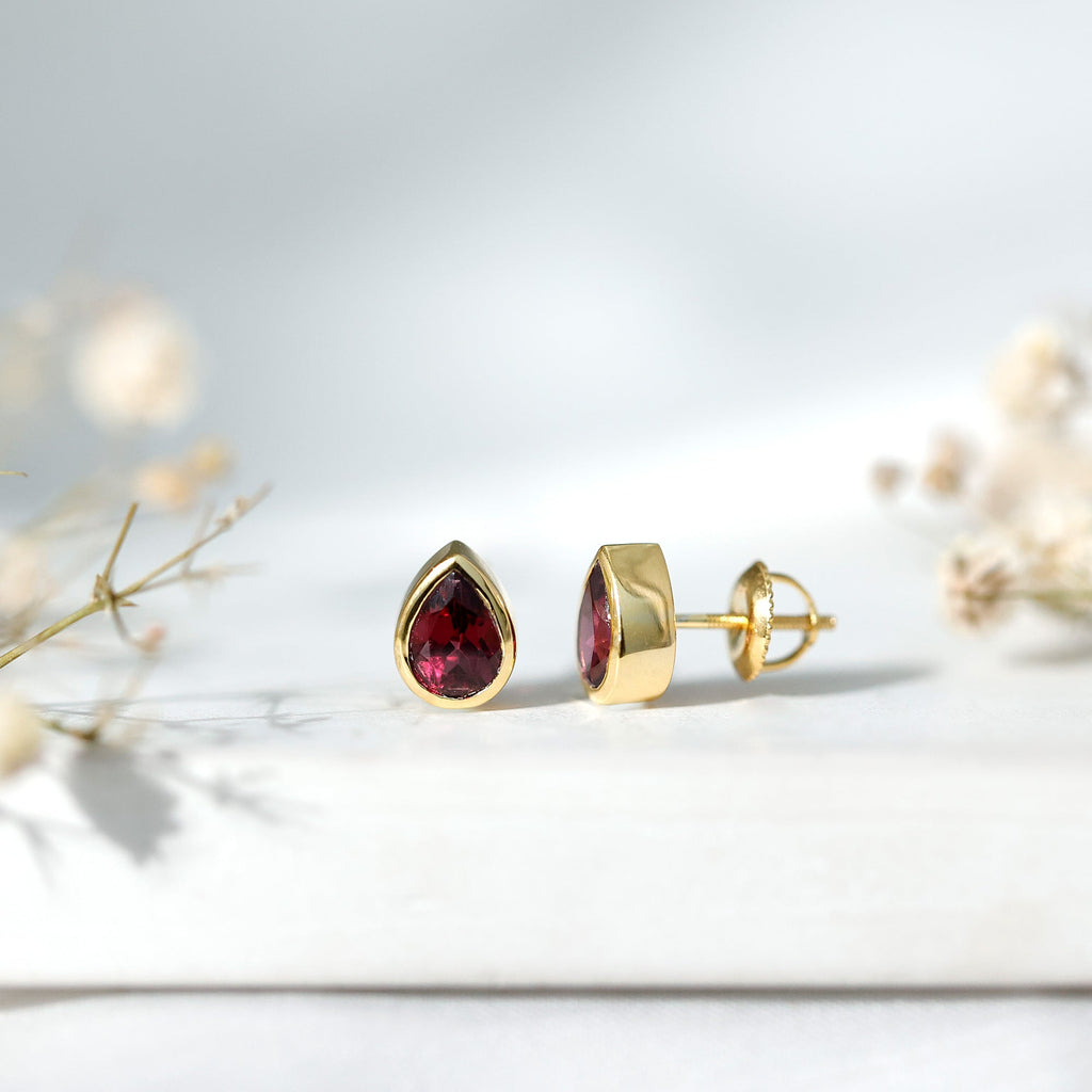 Rhodolite Garnet Earrings – 1.7 Carat Pear Shape Bezel Set Stud for Women
