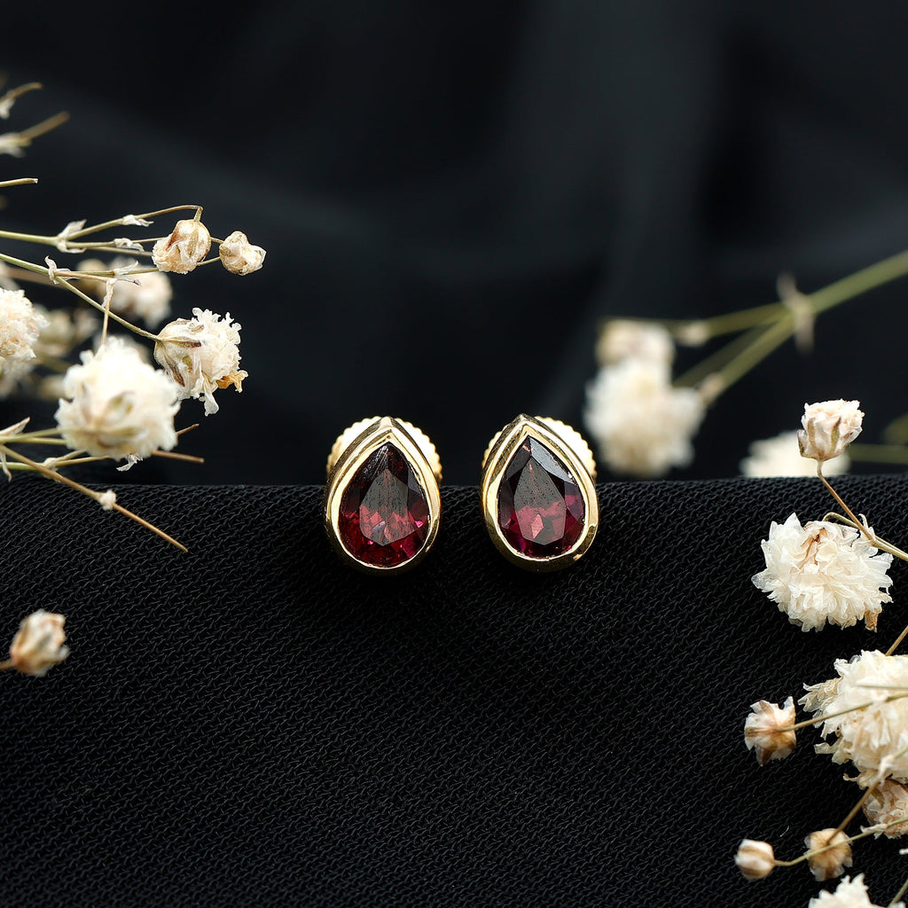 Rhodolite Garnet Earrings – 1.7 Carat Pear Shape Bezel Set Stud for Women