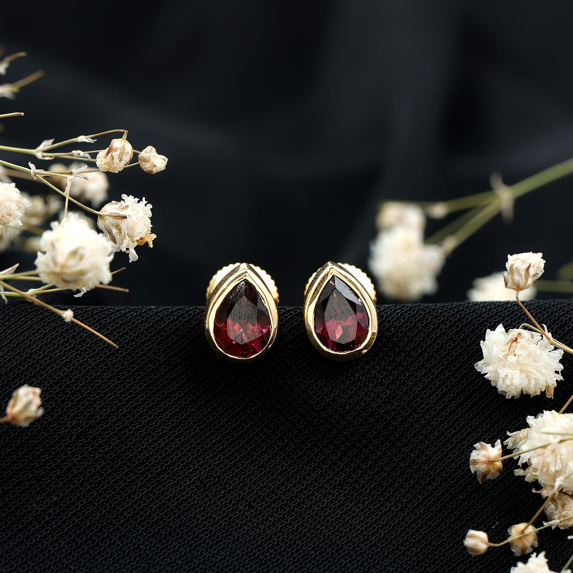 Rhodolite Garnet Earrings – 1.7 Carat Pear Shape Bezel Set Stud for Women