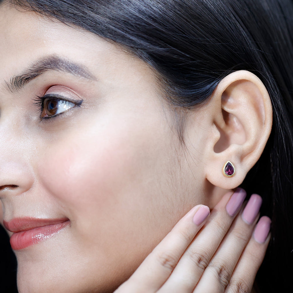 Rhodolite Garnet Earrings – 1.7 Carat Pear Shape Bezel Set Stud for Women