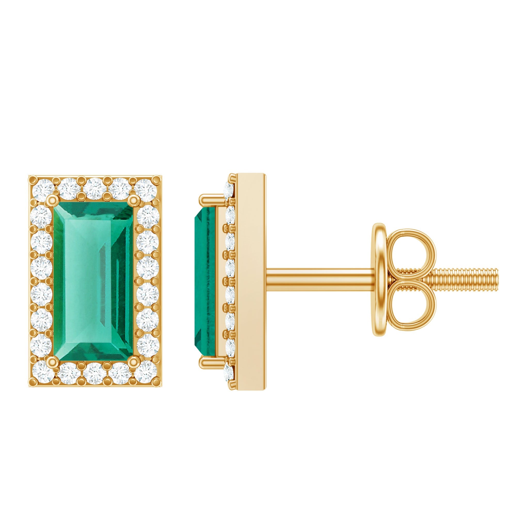 Lab Grown Emerald Earrings – Baguette Cut Emerald Studs With Diamond Halo