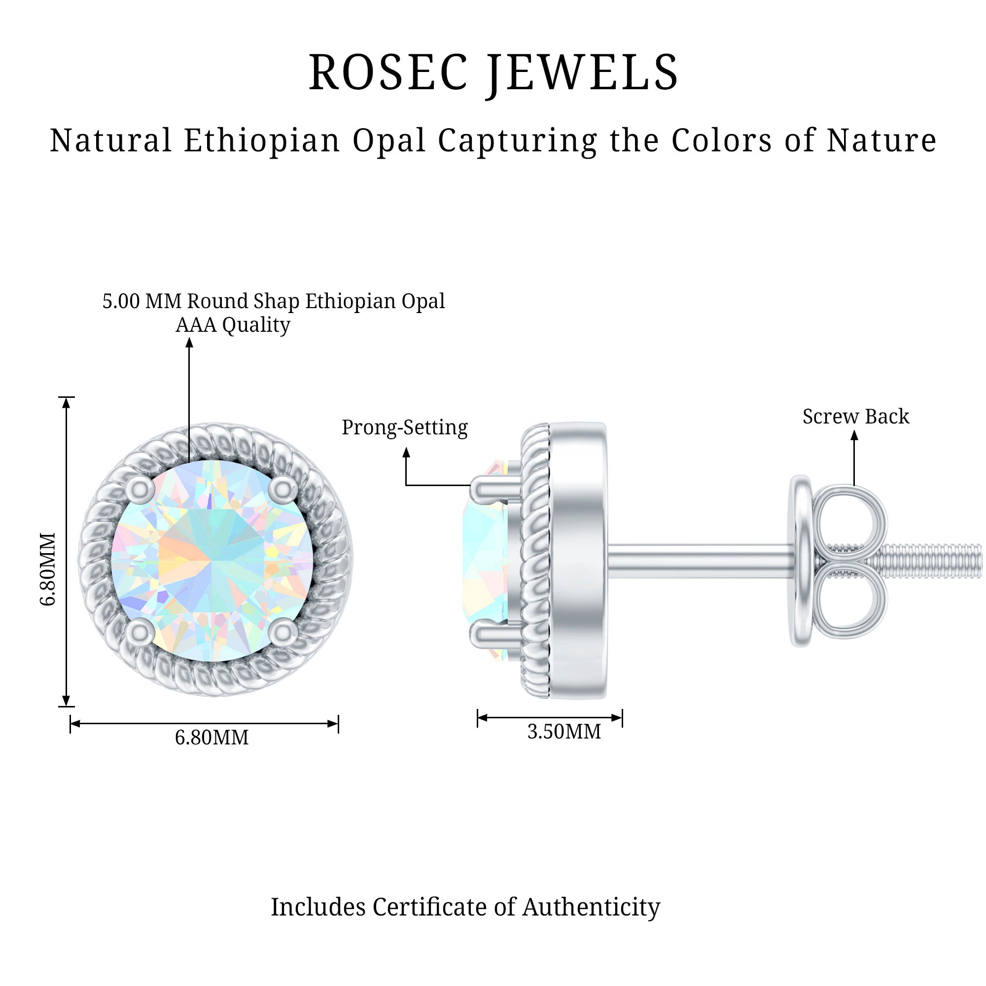 1 Carat Round Shape Ethiopian Opal Solitaire Stud Earrings