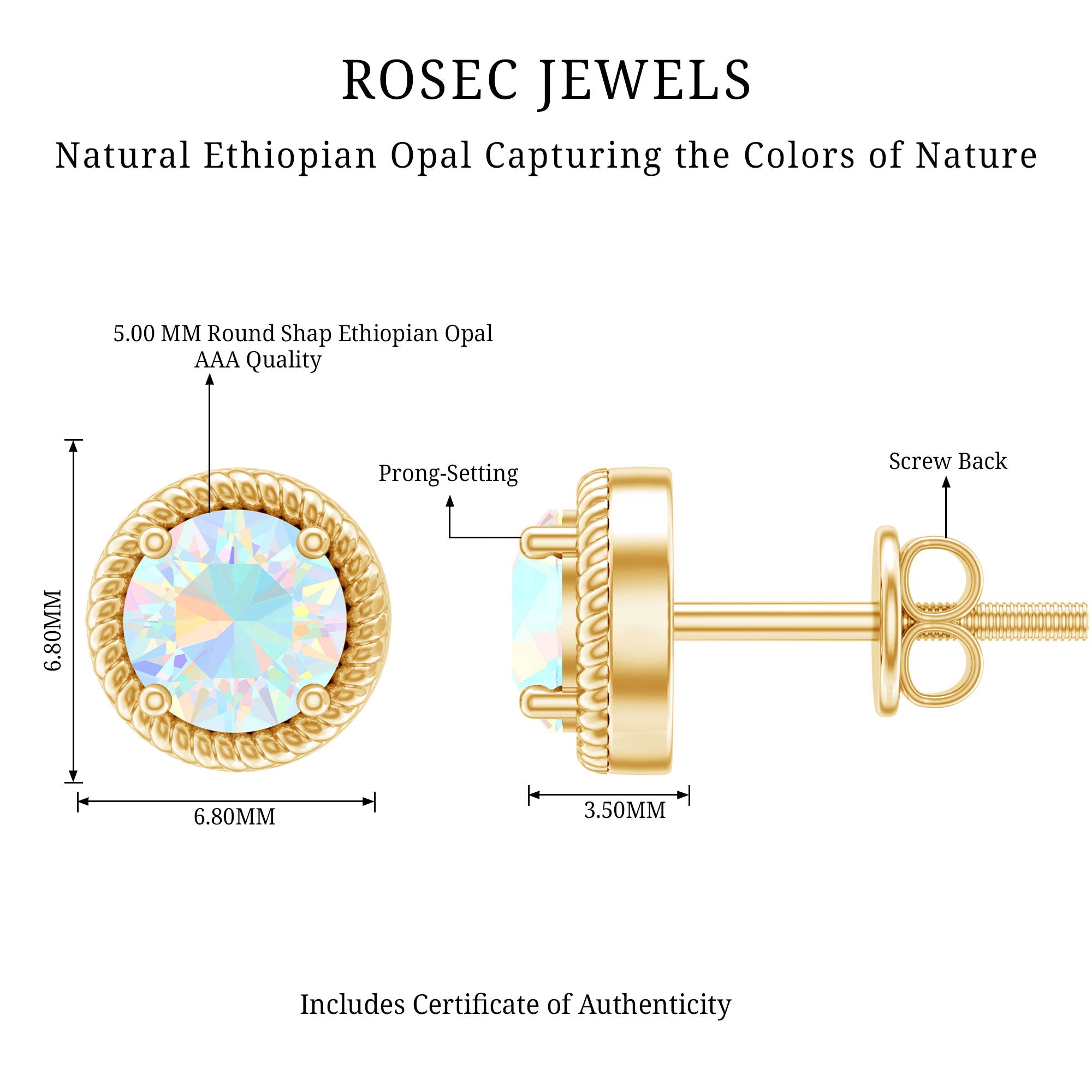 1 Carat Round Shape Ethiopian Opal Solitaire Stud Earrings