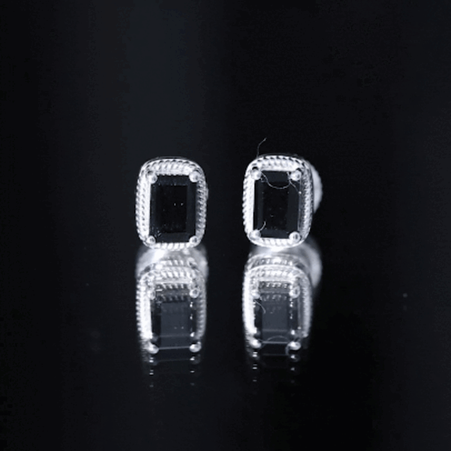Genuine Black Onyx Emerald Cut Stud Earring with Twisted Rose Frame