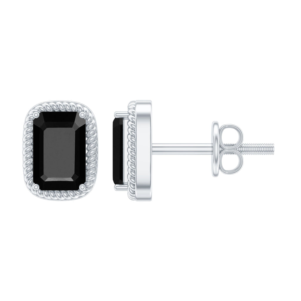 Genuine Black Onyx Emerald Cut Stud Earring with Twisted Rose Frame