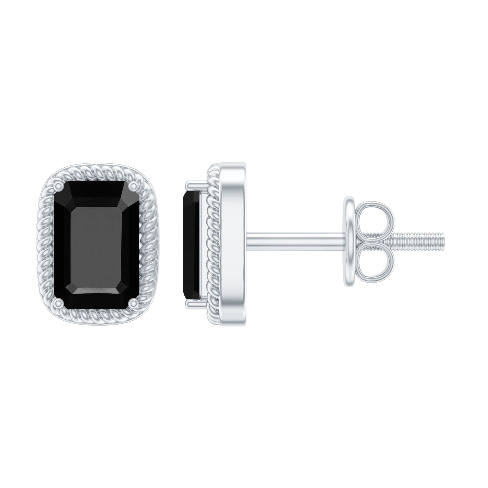 Genuine Black Onyx Emerald Cut Stud Earring with Twisted Rose Frame