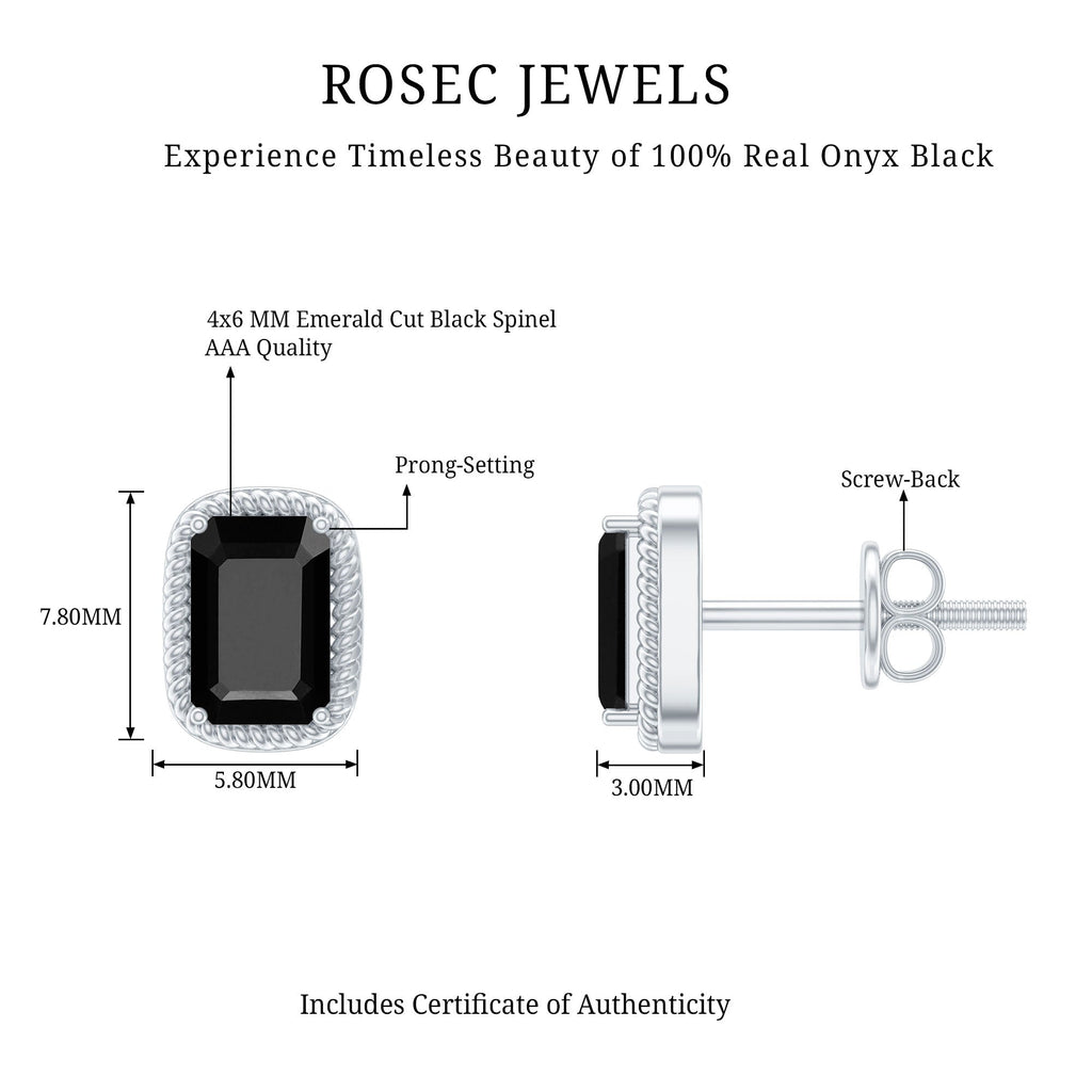 Genuine Black Onyx Emerald Cut Stud Earring with Twisted Rose Frame