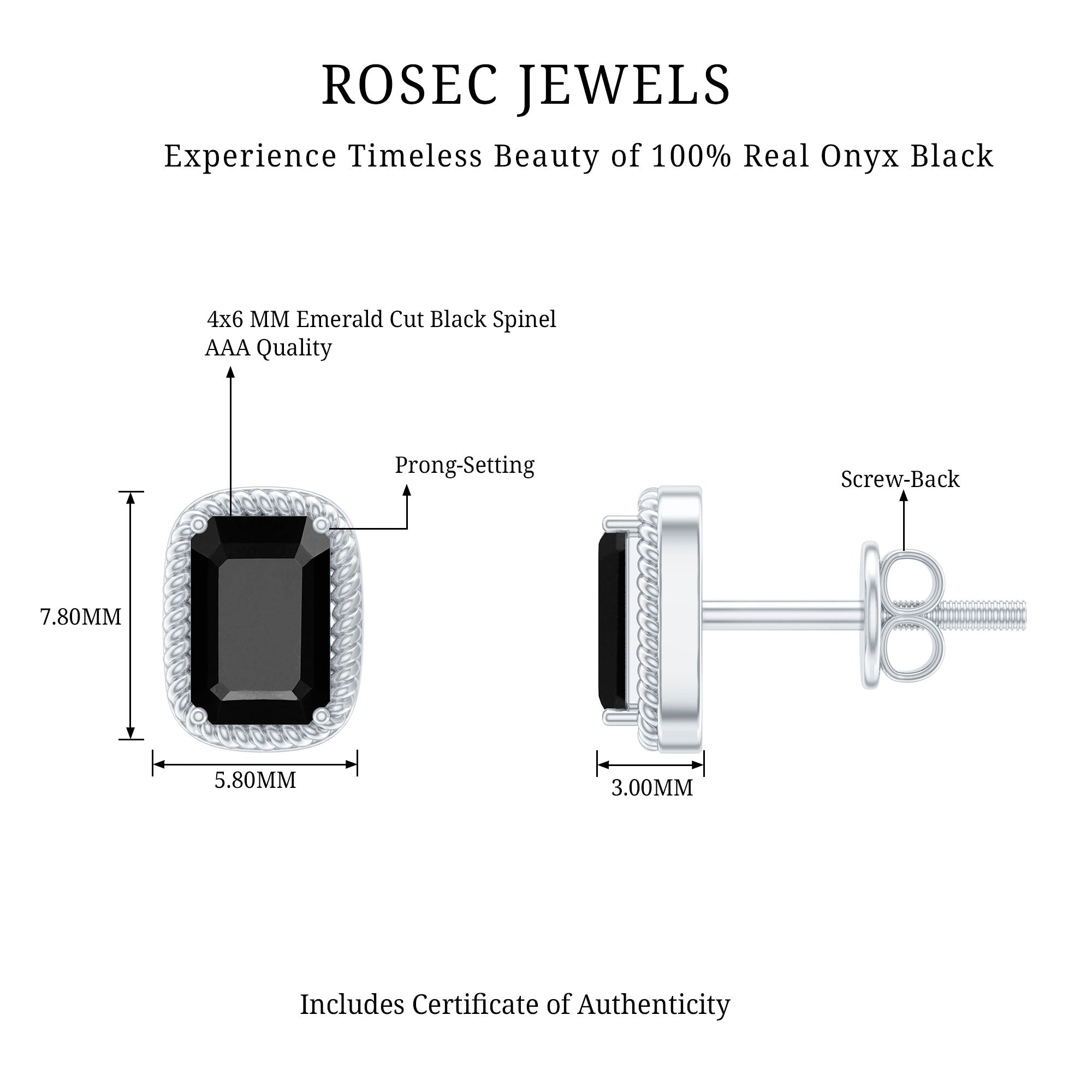 Genuine Black Onyx Emerald Cut Stud Earring with Twisted Rose Frame