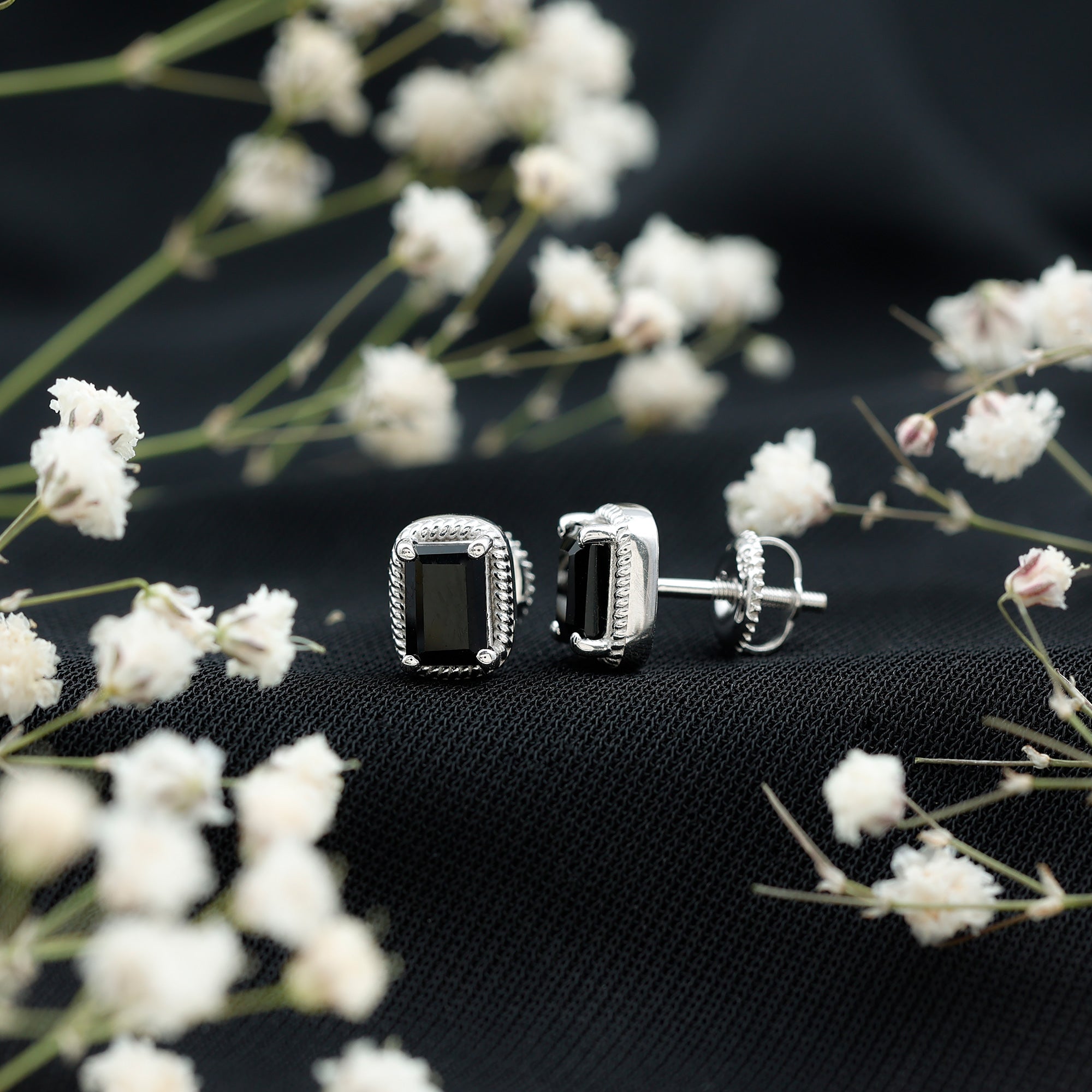 Genuine Black Onyx Emerald Cut Stud Earring with Twisted Rose Frame