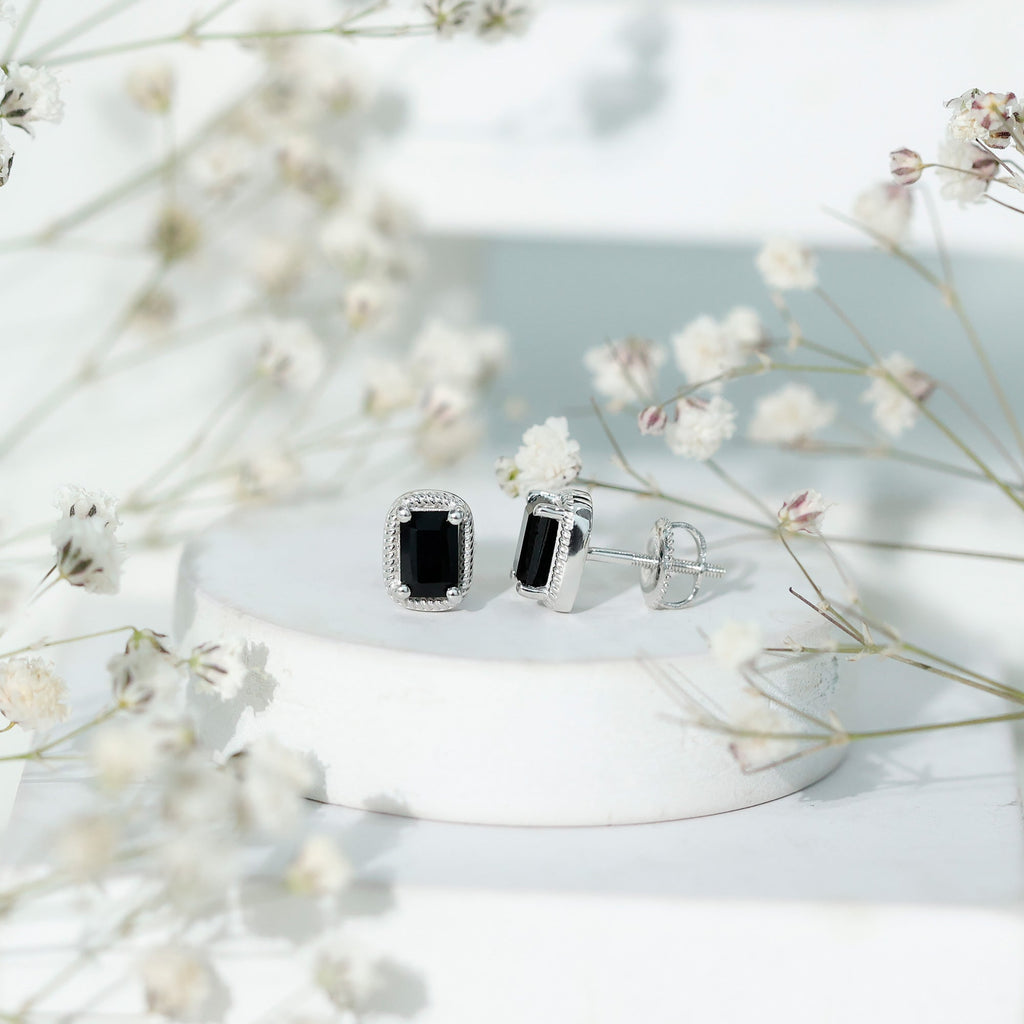 Genuine Black Onyx Emerald Cut Stud Earring with Twisted Rose Frame