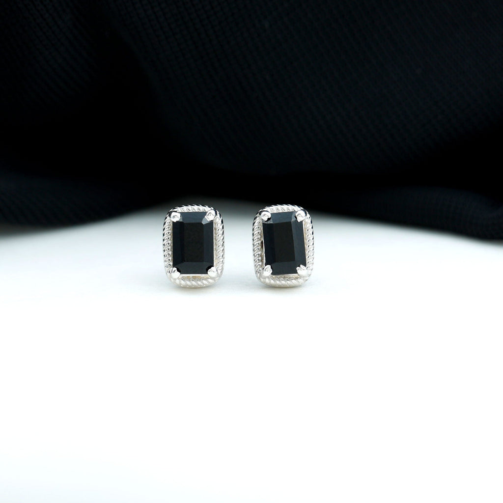 Genuine Black Onyx Emerald Cut Stud Earring with Twisted Rose Frame
