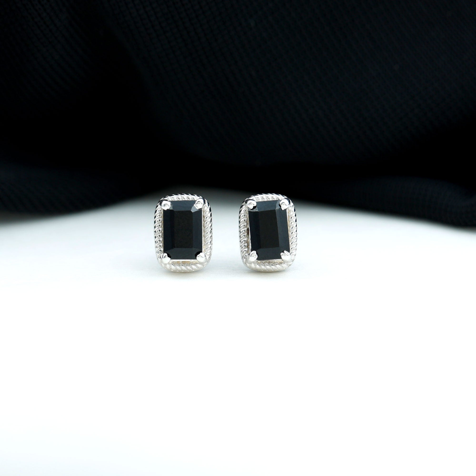 Genuine Black Onyx Emerald Cut Stud Earring with Twisted Rose Frame