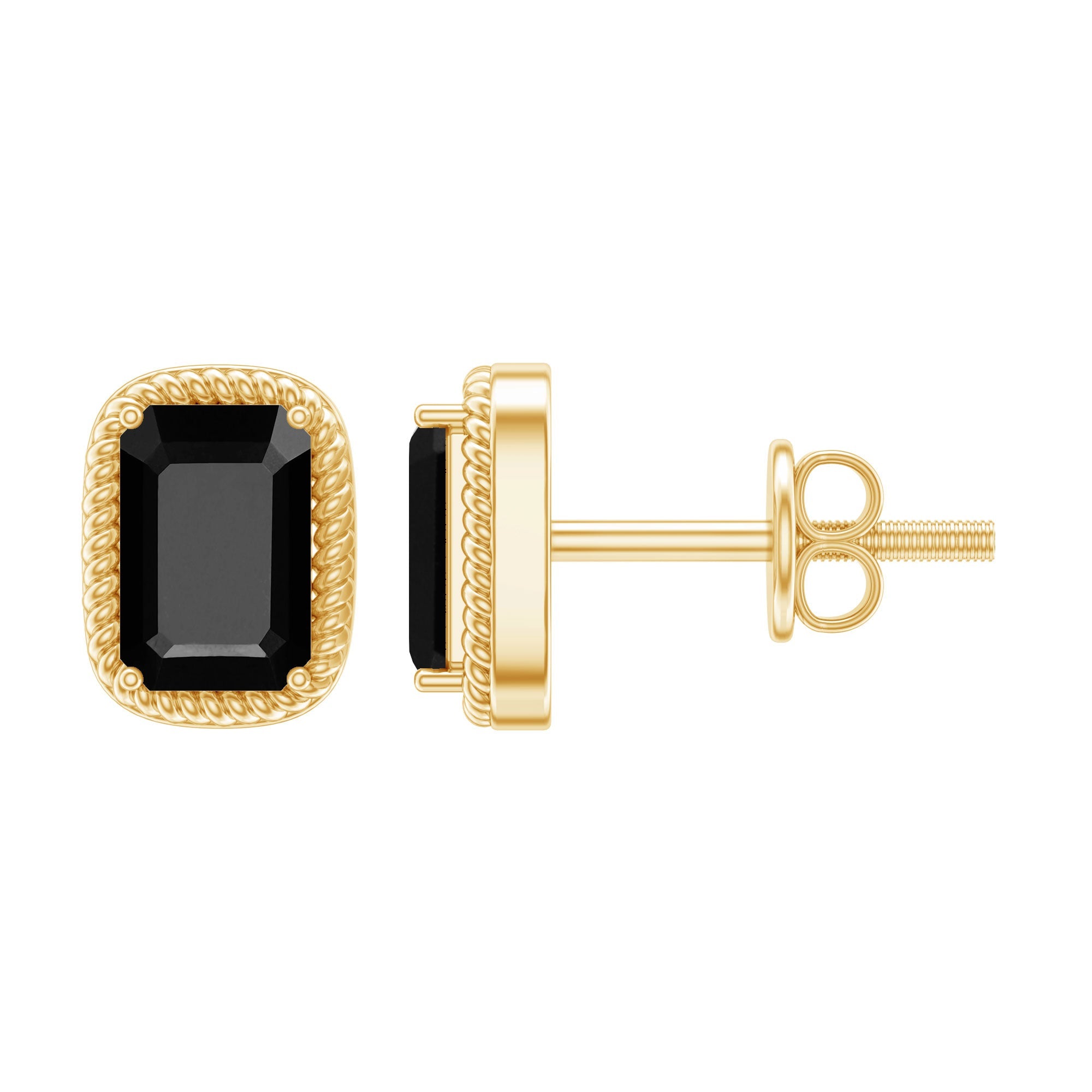 Genuine Black Onyx Emerald Cut Stud Earring with Twisted Rose Frame