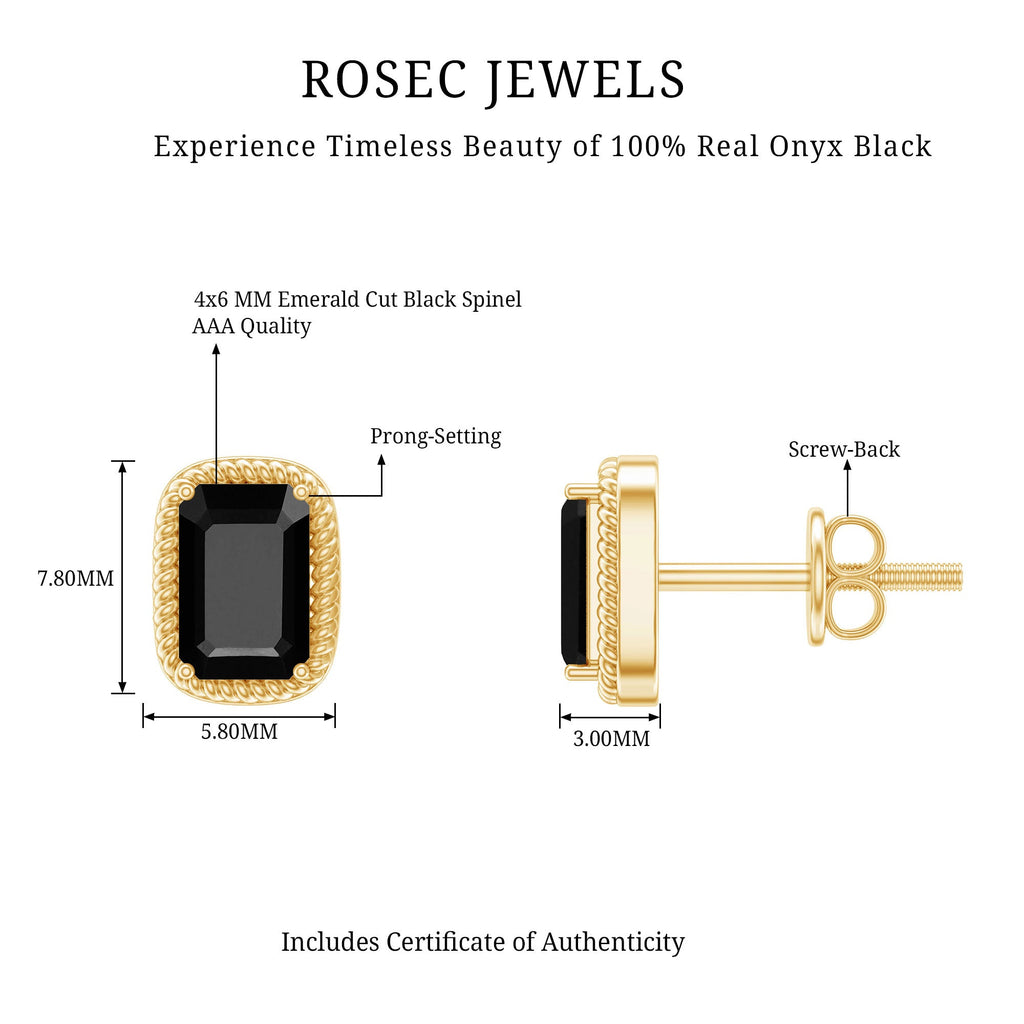 Genuine Black Onyx Emerald Cut Stud Earring with Twisted Rose Frame