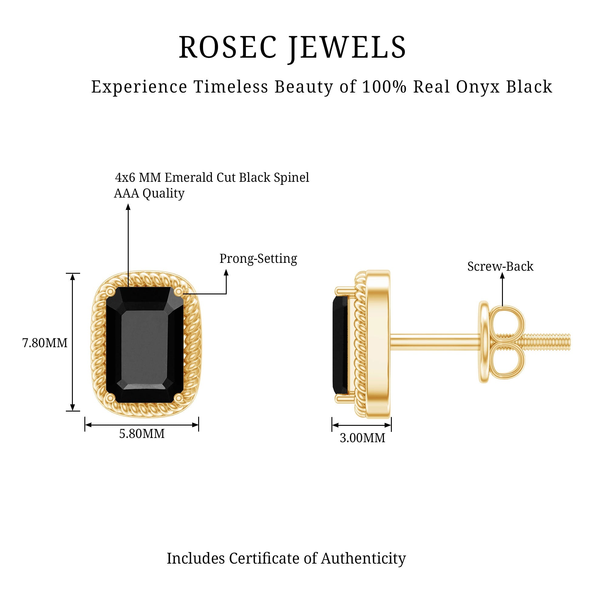 Genuine Black Onyx Emerald Cut Stud Earring with Twisted Rose Frame