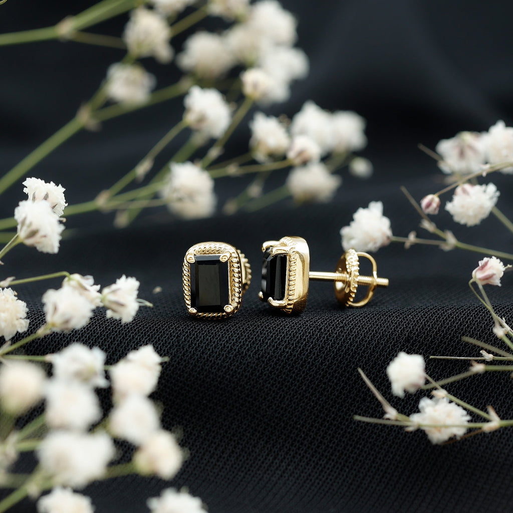 Genuine Black Onyx Emerald Cut Stud Earring with Twisted Rose Frame