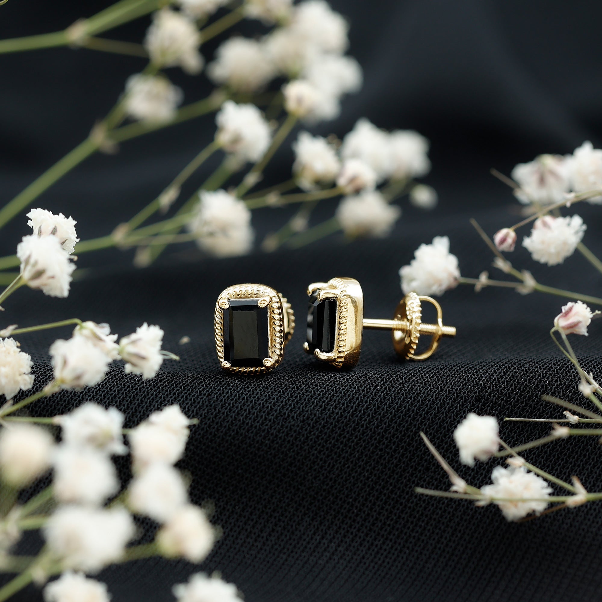 Genuine Black Onyx Emerald Cut Stud Earring with Twisted Rose Frame