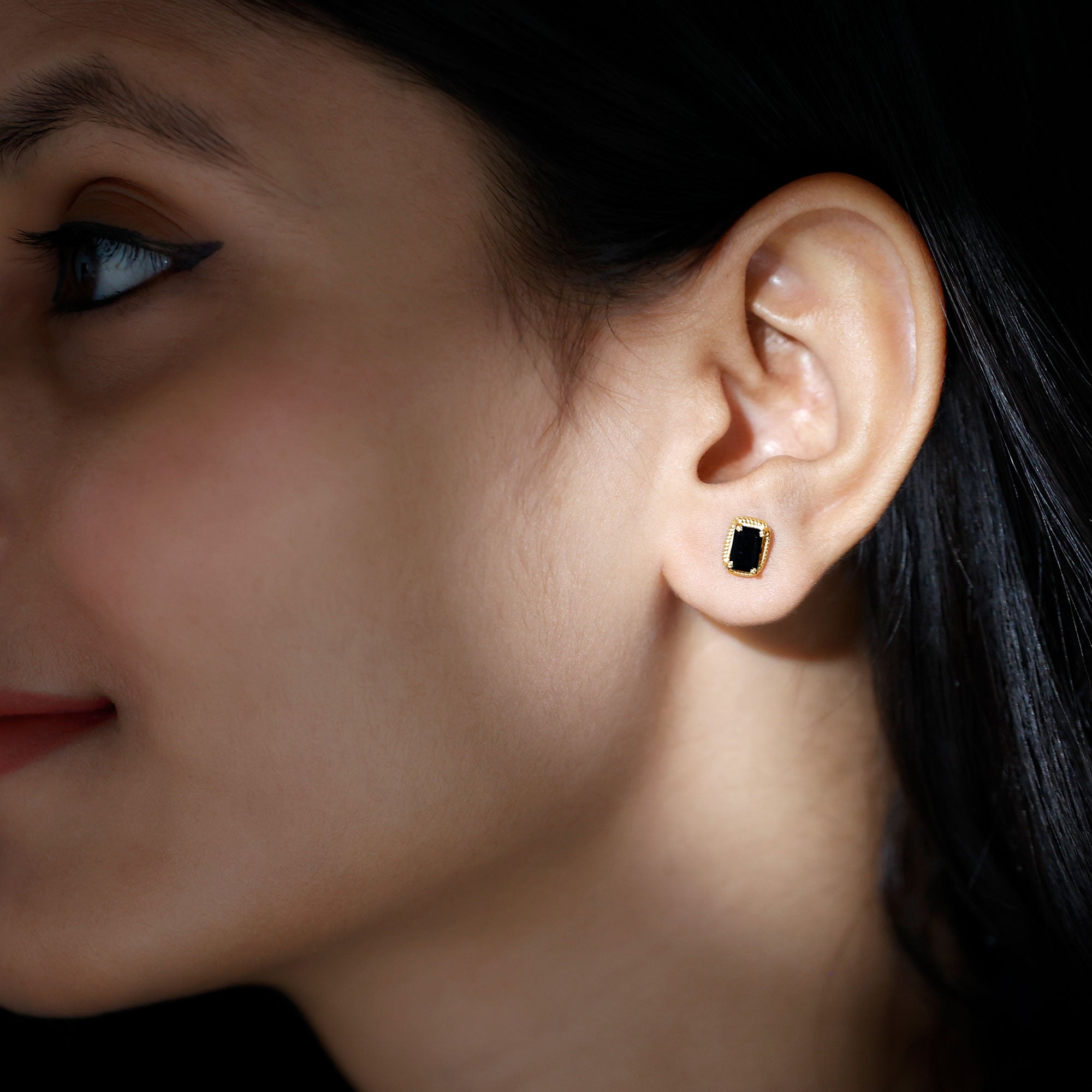 Genuine Black Onyx Emerald Cut Stud Earring with Twisted Rose Frame