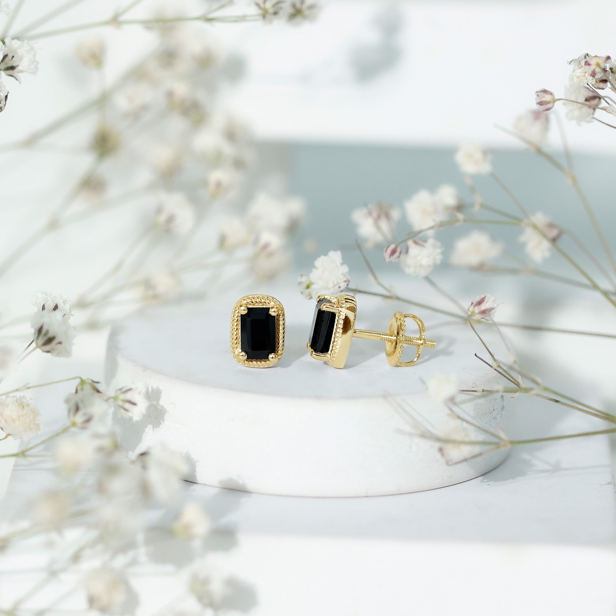 Genuine Black Onyx Emerald Cut Stud Earring with Twisted Rose Frame